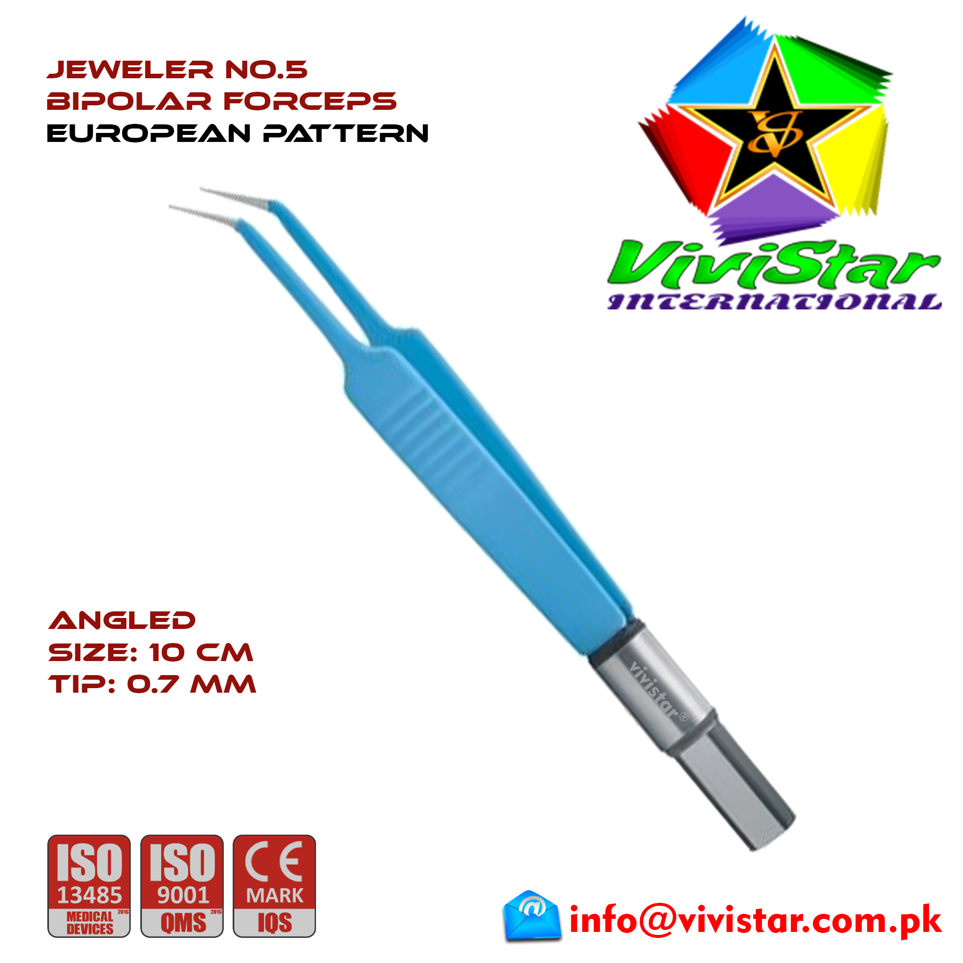 Jeweler No 5 Bipolar Forceps Angled 10 cm Point 7 mm Electrosurgical Instruments Coagulate Tissues European Europe Blue Coating