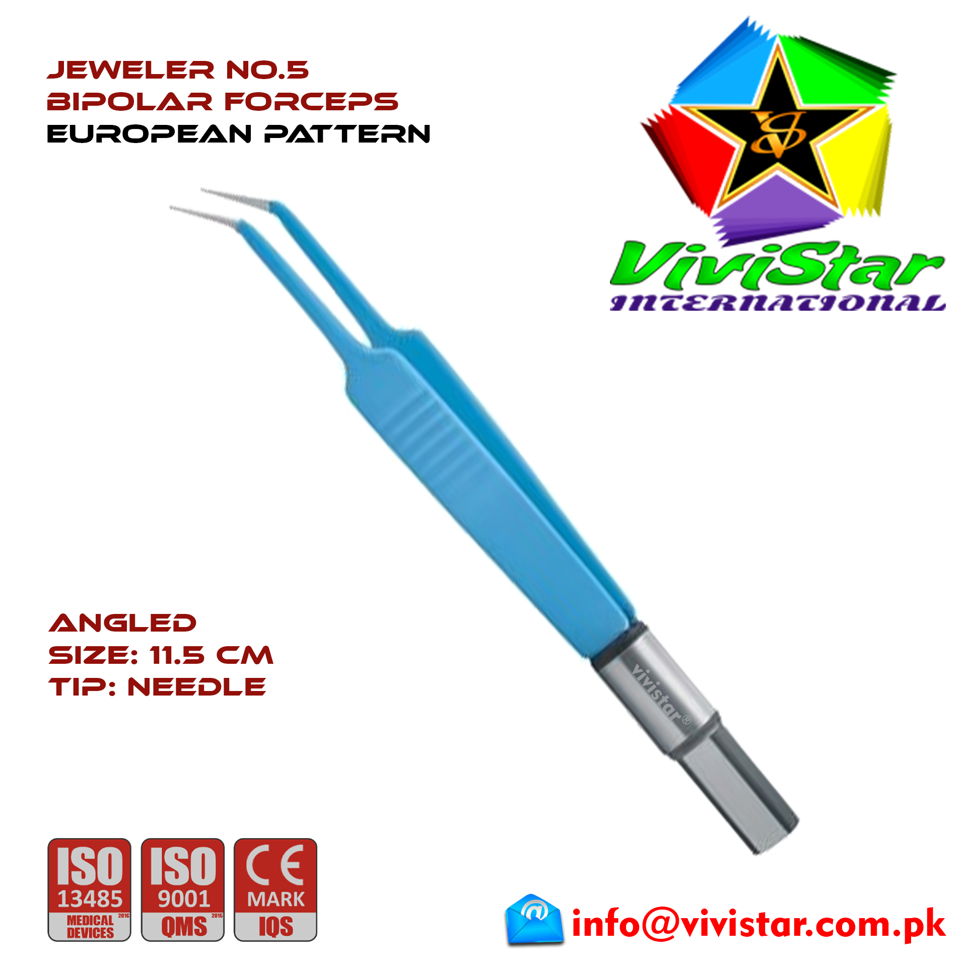 Jeweler No 5 Bipolar Forceps Angled 11-5 cm Needle Electrosurgical Instruments Coagulate Tissues European Europe Blue Coating