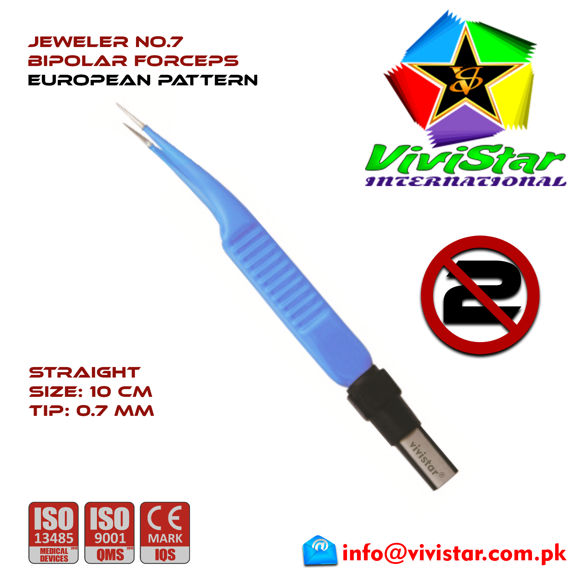 Jeweler No 7 Bipolar Forceps Straight 10 cm Point 7 mm Electrosurgical Instruments Coagulate Tissues European Europe Blue Coating Single Use