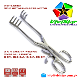 01 - Weitlaner Self Retaining Retractor 11cm 13cm 16cm 20 cm 3x4 Sharp Prongs Surgical general neurological spinal orthopedic surgeries Hooks Spatulas