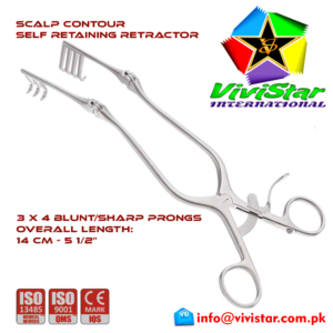 07 - SCALP CONTOUR Self-Retaining Retractors 14cm 3x4 sharp Blunt Prongs Surgical general neurological spinal orthopedic surgeries Hooks Spatulas