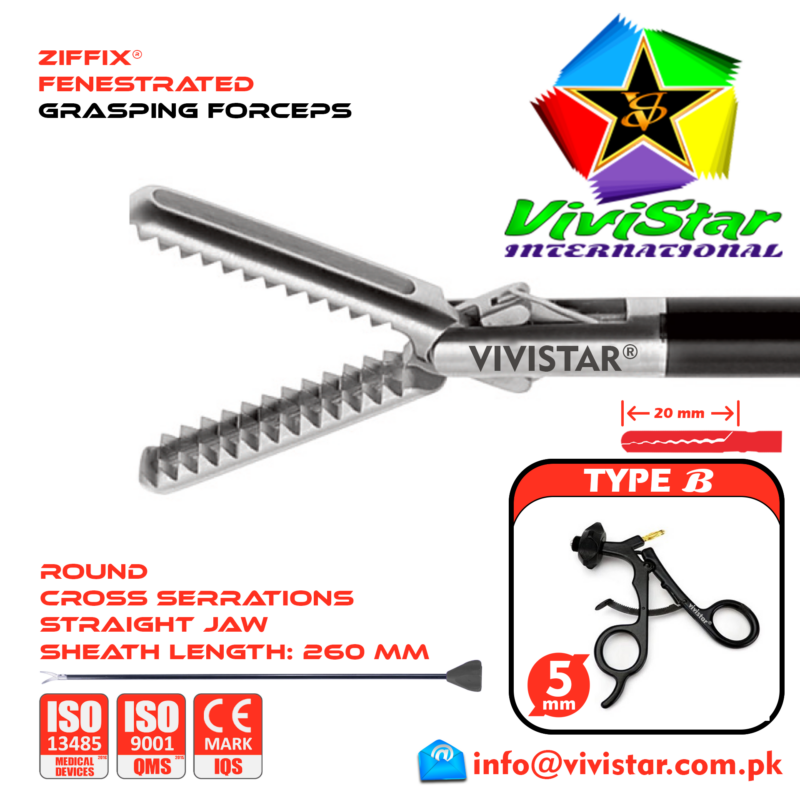 Laparoscopic Fenestrated Grasping Forceps Round Cross Serrations 260mm Sheath 5mm 5x260mm Laparoscopy Endoscopy Surgery Surgical Instrument Economy with Ratchet USA German