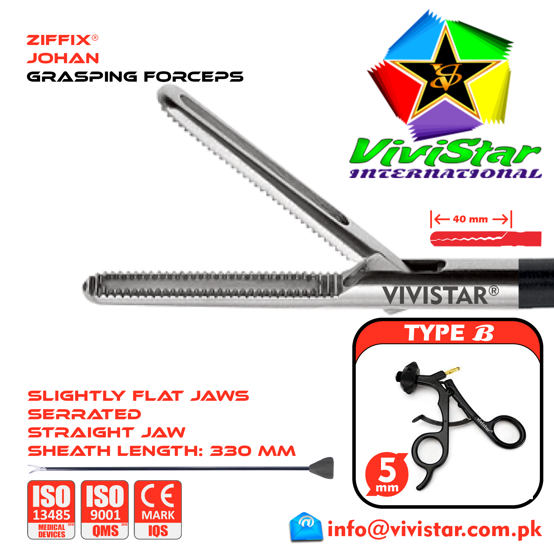 Laparoscopic Johan Grasping Forceps 40mm 330mm Sheath 5mm 5x330mm Laparoscopy Endoscopy Surgery Surgical Instrument Economy with Ratchet USA German