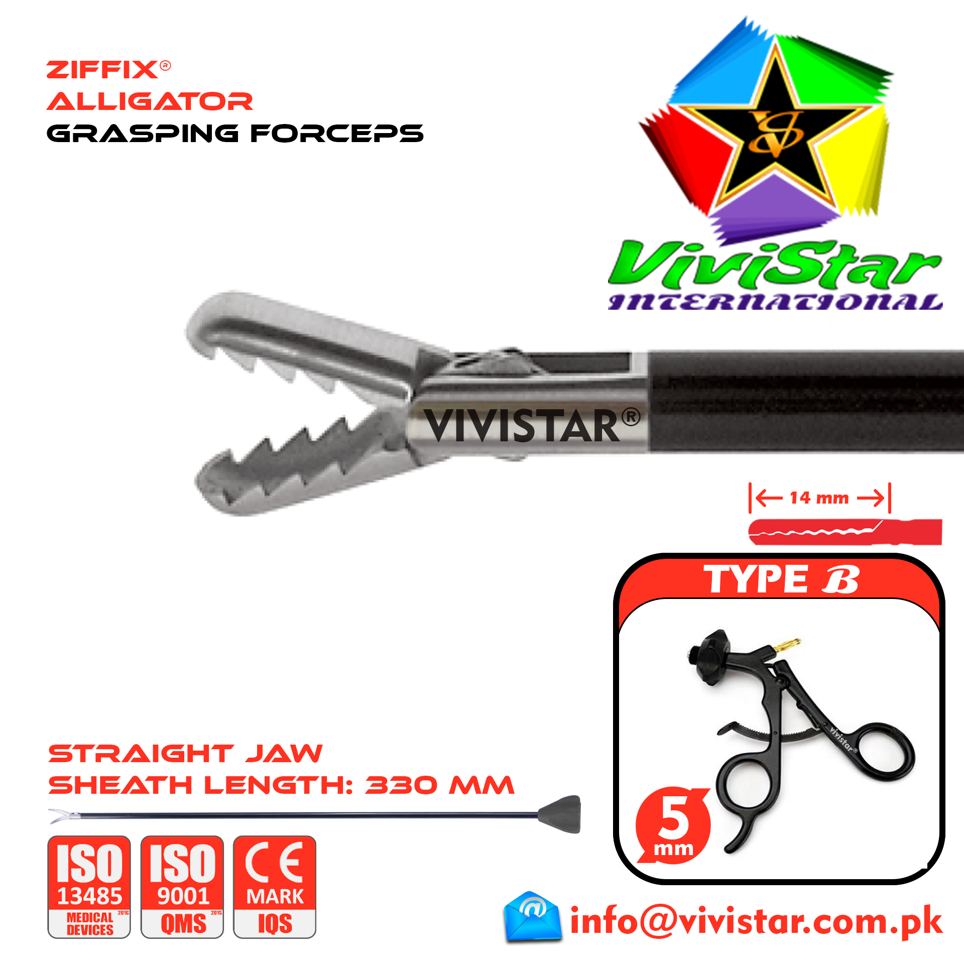 Laparoscopic Alligator Grasping Forceps 330mm Sheath 5mm 5x330mm Laparoscopy Endoscopy Surgery Surgical Instrument Economy with Ratchet USA German