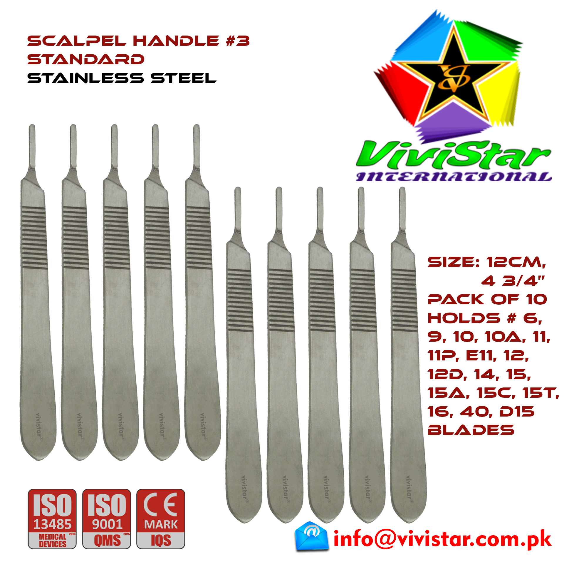 Scalpel Handle #3 BP Surgical Knife Special EMI EMS dissection Cuts skin Surgical tissue Abdominal Cardiovascular General Surgery Orthopedic Pack of 10 Ten