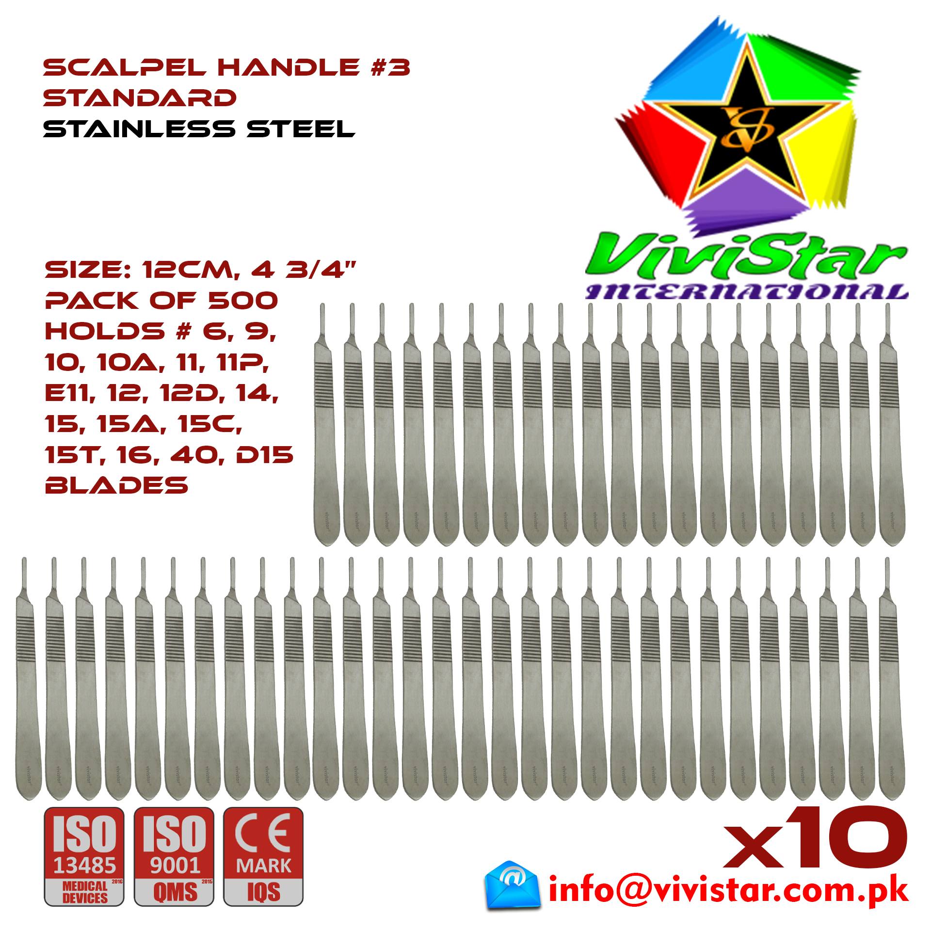 Scalpel Handle #3 BP Surgical Knife Special EMI EMS dissection Cuts skin Surgical tissue Abdominal Cardiovascular General Surgery Orthopedic Pack of 500 Five Hundred