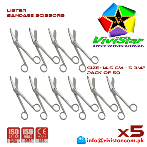 Lister Bandage Scissor EMI EMS dissection Cuts Surgical bandages plasters sutures 14-5 cm 5-45 inch Cardiovascular General Surgery Orthopedic Pack of 50 Fifty