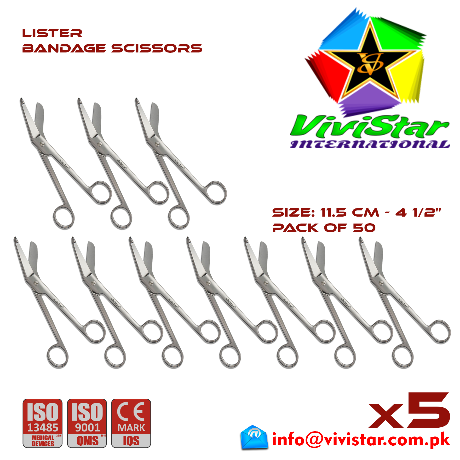 Lister Bandage Scissor EMI EMS dissection Cuts Surgical bandages plasters sutures 11-5 cm 4 inch Cardiovascular General Surgery Orthopedic Pack of 50 Fifty