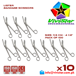 Lister Bandage Scissor EMI EMS dissection Cuts Surgical bandages plasters sutures 11-5 cm 4 inch Cardiovascular General Surgery Orthopedic Pack of 100 Hundred