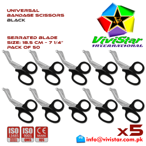 Universal Bandage Scissors 7-25 (Black) Shears Heavy Duty EMT EMS Utility Trauma Set First Aid Stainless Steel Blades and Plastic Handles Paramedic Nursing Tools Pack of 50 Fifty
