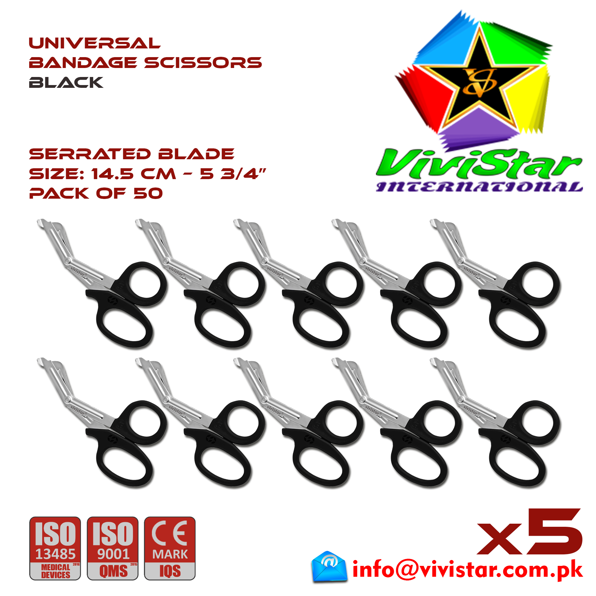 Universal Bandage Scissors 5-75 (Black) Shears Heavy Duty EMT EMS Utility Trauma Set First Aid Stainless Steel Blades and Plastic Handles Paramedic Nursing Tools 50 Fifty