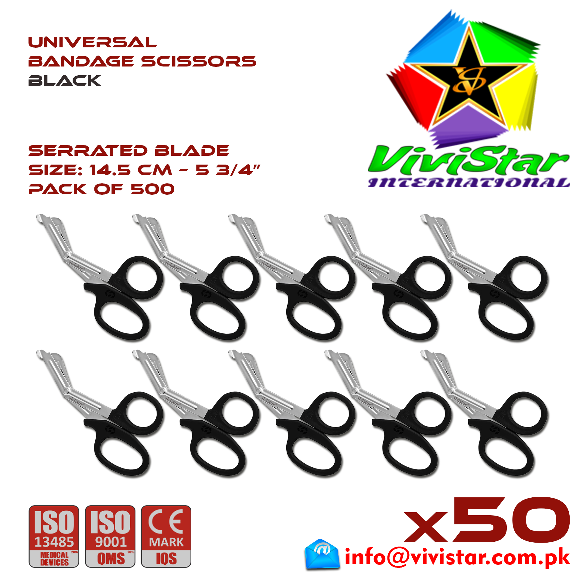 Universal Bandage Scissors 5-75 (Black) Shears Heavy Duty EMT EMS Utility Trauma Set First Aid Stainless Steel Blades and Plastic Handles Paramedic Nursing Tools 500 Hundred