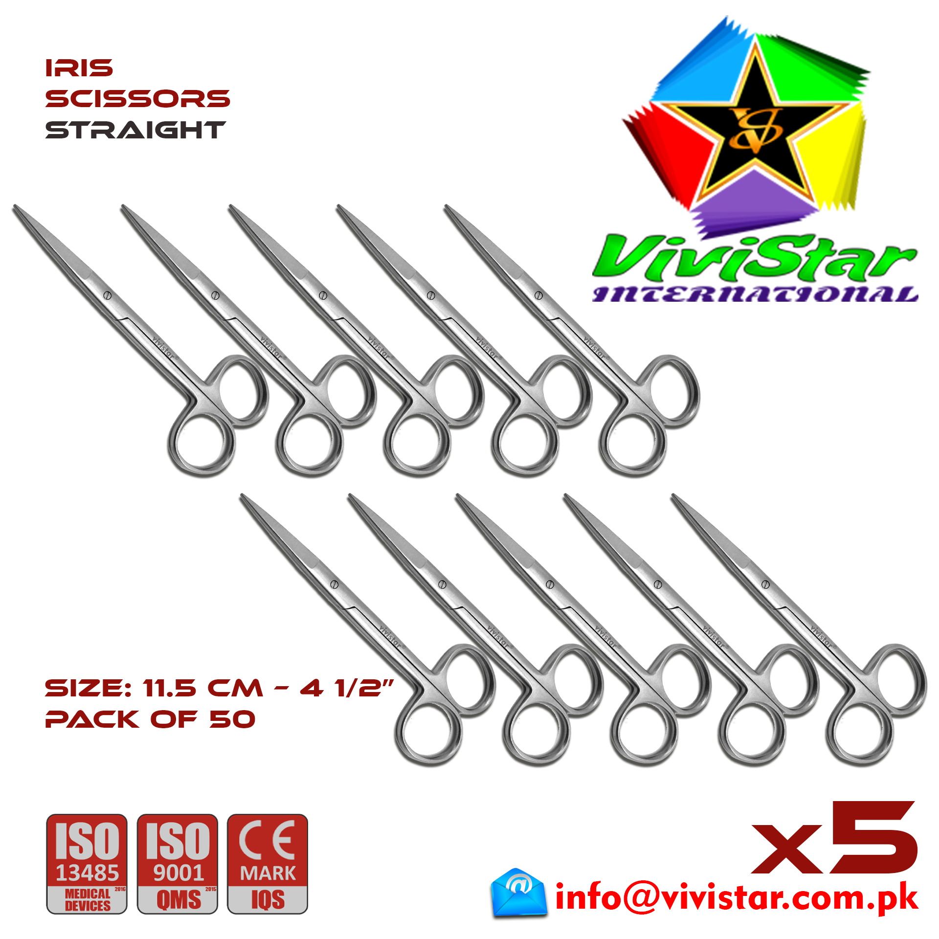 IRIS SCISSORS - Straight 11-5 cm 4-50 inch Cardiovascular ENT General Surgery Gynecology Obstetrics Neurosurgery Spine Orthopedic Plastic Surgery Urology Pack of 50 Fifty