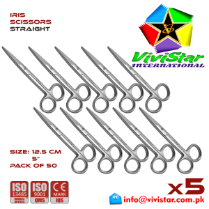 IRIS SCISSORS - Straight 12-5 cm 5 inch Cardiovascular ENT General Surgery Gynecology Obstetrics Neurosurgery Spine Orthopedic Plastic Surgery Urology Pack of 50 Fifty