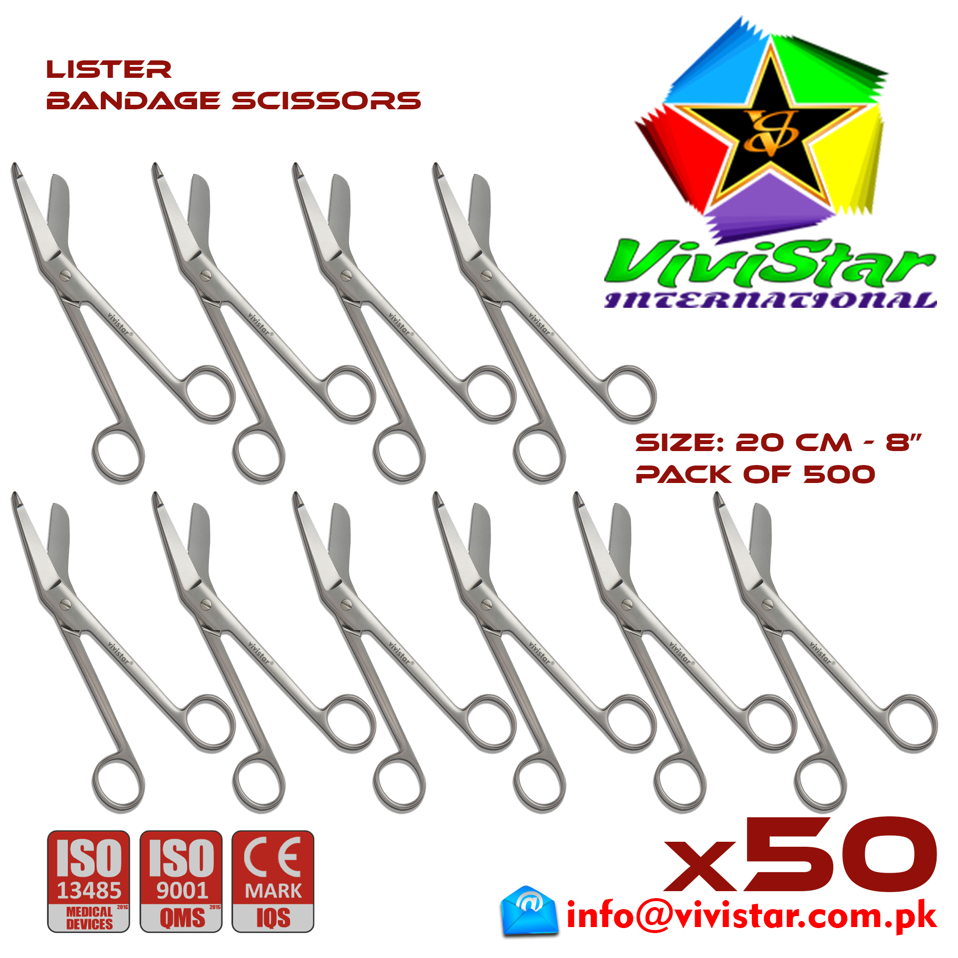 Lister Bandage Scissor EMI EMS dissection Cuts Surgical bandages plasters sutures 20 cm 8 inch Cardiovascular General Surgery Orthopedic Pack of 500 Hundred