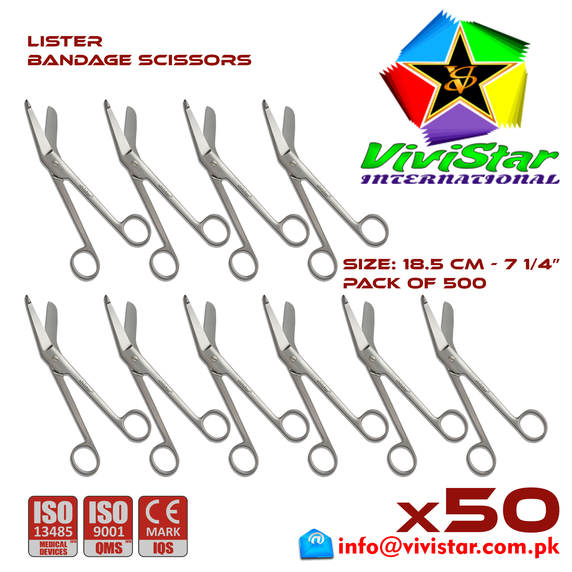 Lister Bandage Scissor EMI EMS dissection Cuts Surgical bandages plasters sutures 18-5 cm 7-25 inch Cardiovascular General Surgery Orthopedic Pack of 500 Hundred