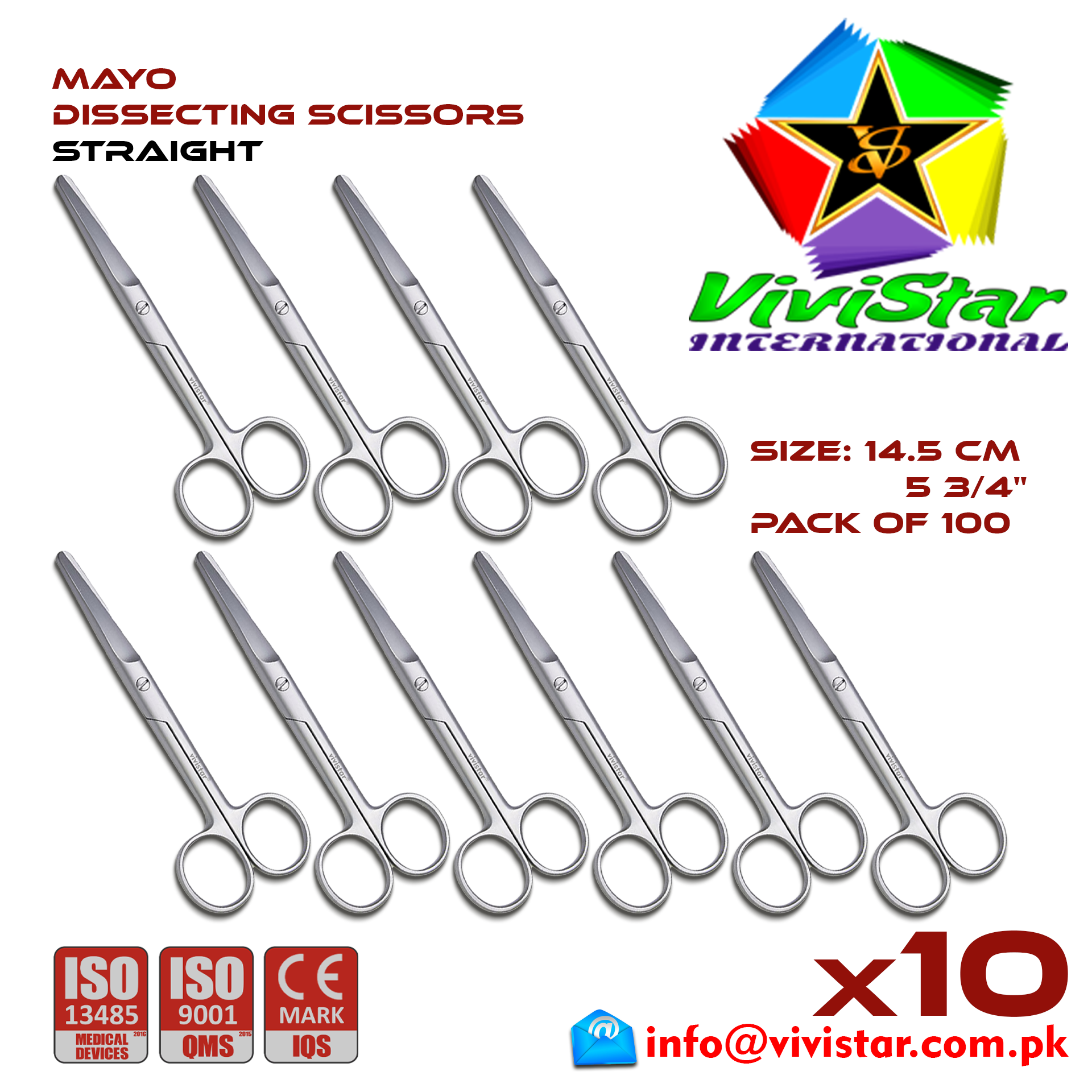 Mayo Dissecting Scissor - Straight 14 cm 5 inch Cardiovascular ENT General Surgery Gynecology Obstetrics Neurosurgery Spine Orthopedic Plastic Surgery Urology Pack of 100 Hundred