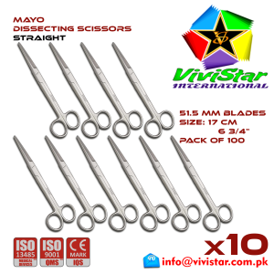 Mayo Dissecting Scissor - Straight 17 cm 6 inch Cardiovascular General Surgery Gynecology Obstetrics Neurosurgery Spine Orthopedic Plastic Surgery Urology Pack of 100 Hundred