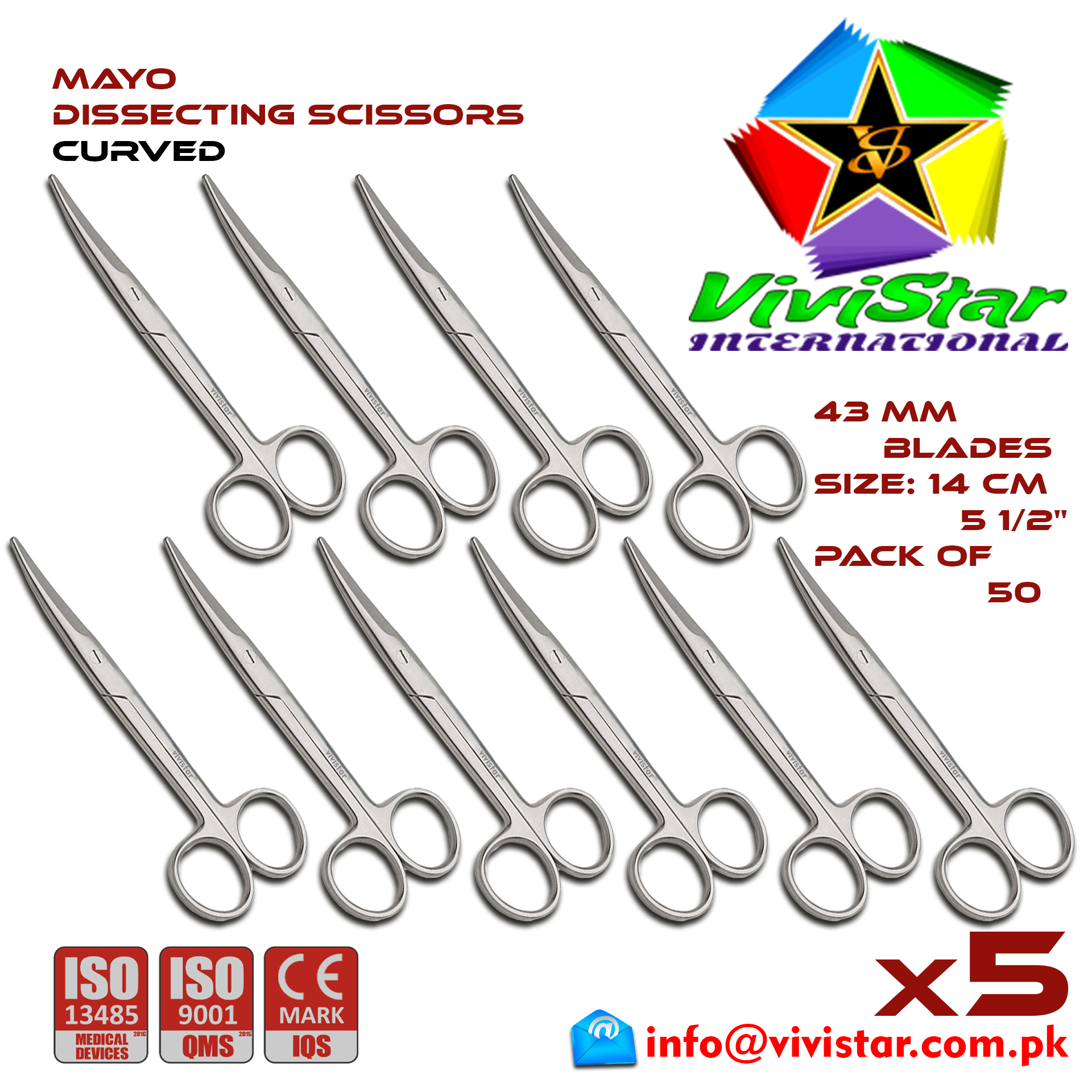 Mayo Dissecting Scissor - Curved 14 cm 5 inch Cardiovascular General Surgery Gynecology Obstetrics Neurosurgery Spine Orthopedic Plastic Surgery Urology Pack of 50 Fifty