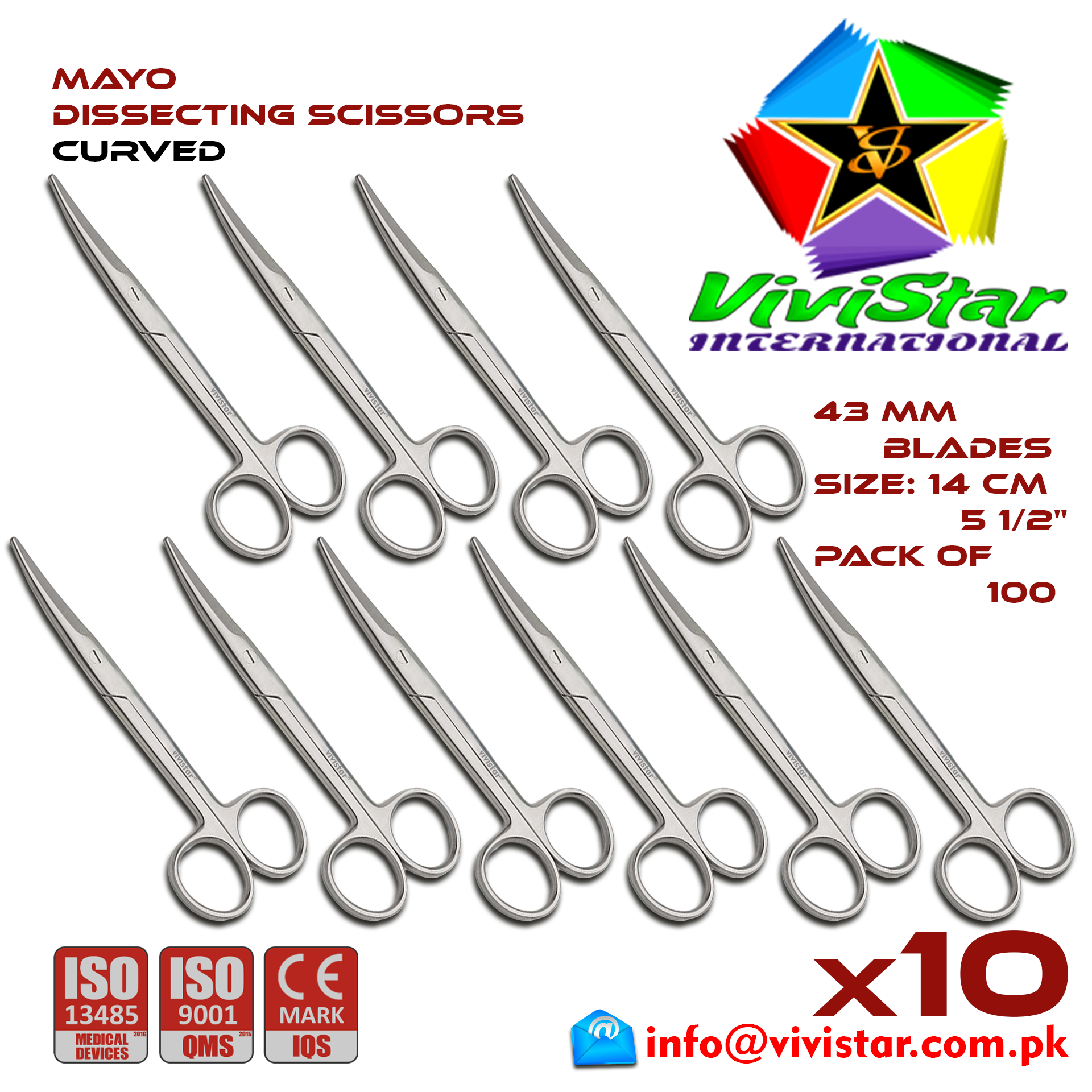 Mayo Dissecting Scissor - Curved 14 cm 5 inch Cardiovascular General Surgery Gynecology Obstetrics Neurosurgery Spine Orthopedic Plastic Surgery Urology Pack of 100 Hundred