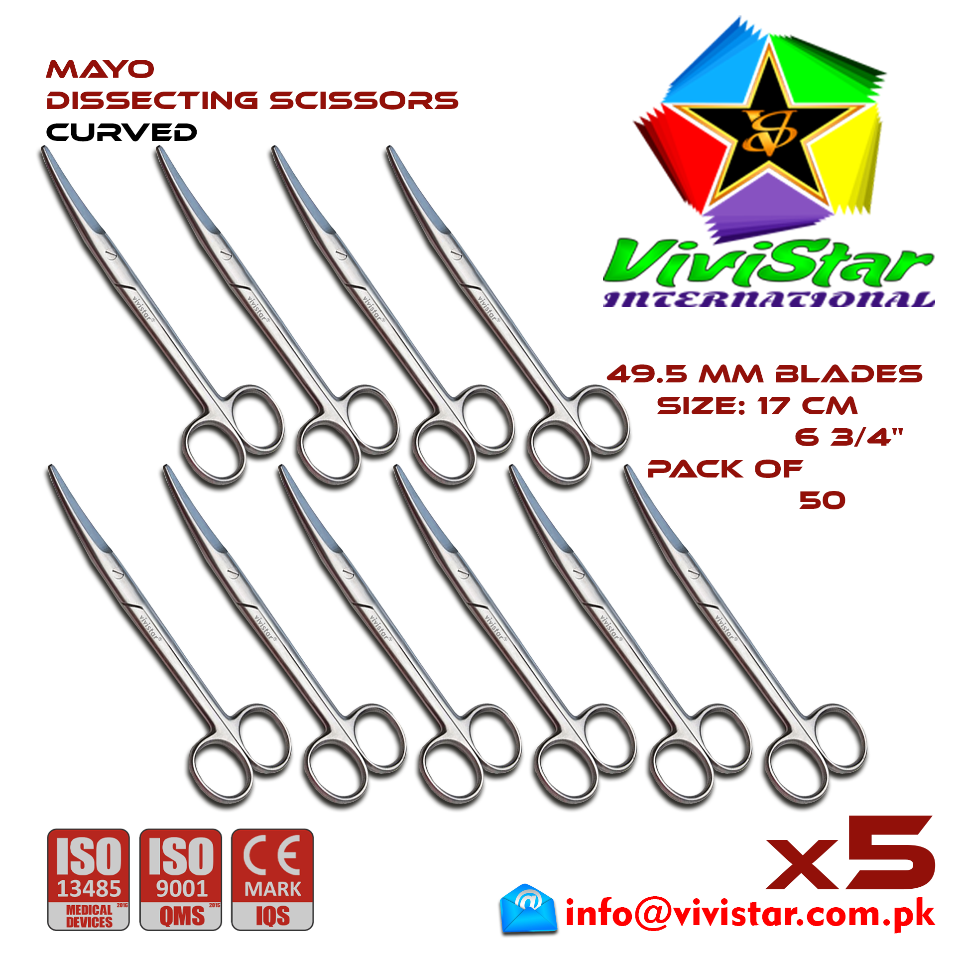 Mayo Dissecting Scissor - Curved 17 cm 6 inch Cardiovascular General Surgery Gynecology Obstetrics Neurosurgery Spine Orthopedic Plastic Surgery Urology Pack of 50 Fifty