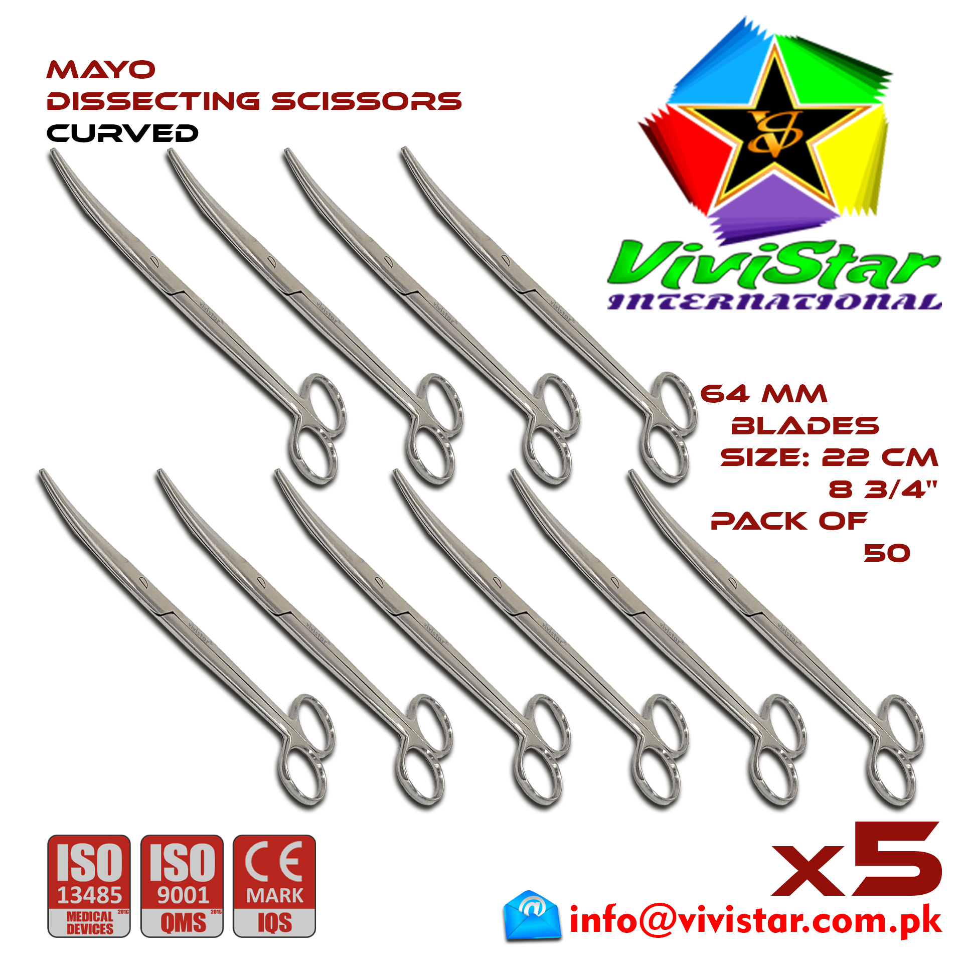 Mayo Dissecting Scissor - Curved 22 cm 8 inch Cardiovascular ENT General Surgery Gynecology Obstetrics Neurosurgery Spine Orthopedic Plastic Surgery Urology Pack of 50 Fifty