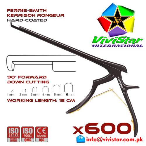 Ferris-Smith Kerrison Rongeur Hard Coated Down Punch 90 degree 1 mm to 6 mm 18 cm 7 inch working length neurosurgical intracranial Black Gold ENT handle Neurosurgery Spine Orthopedic Pack of 600