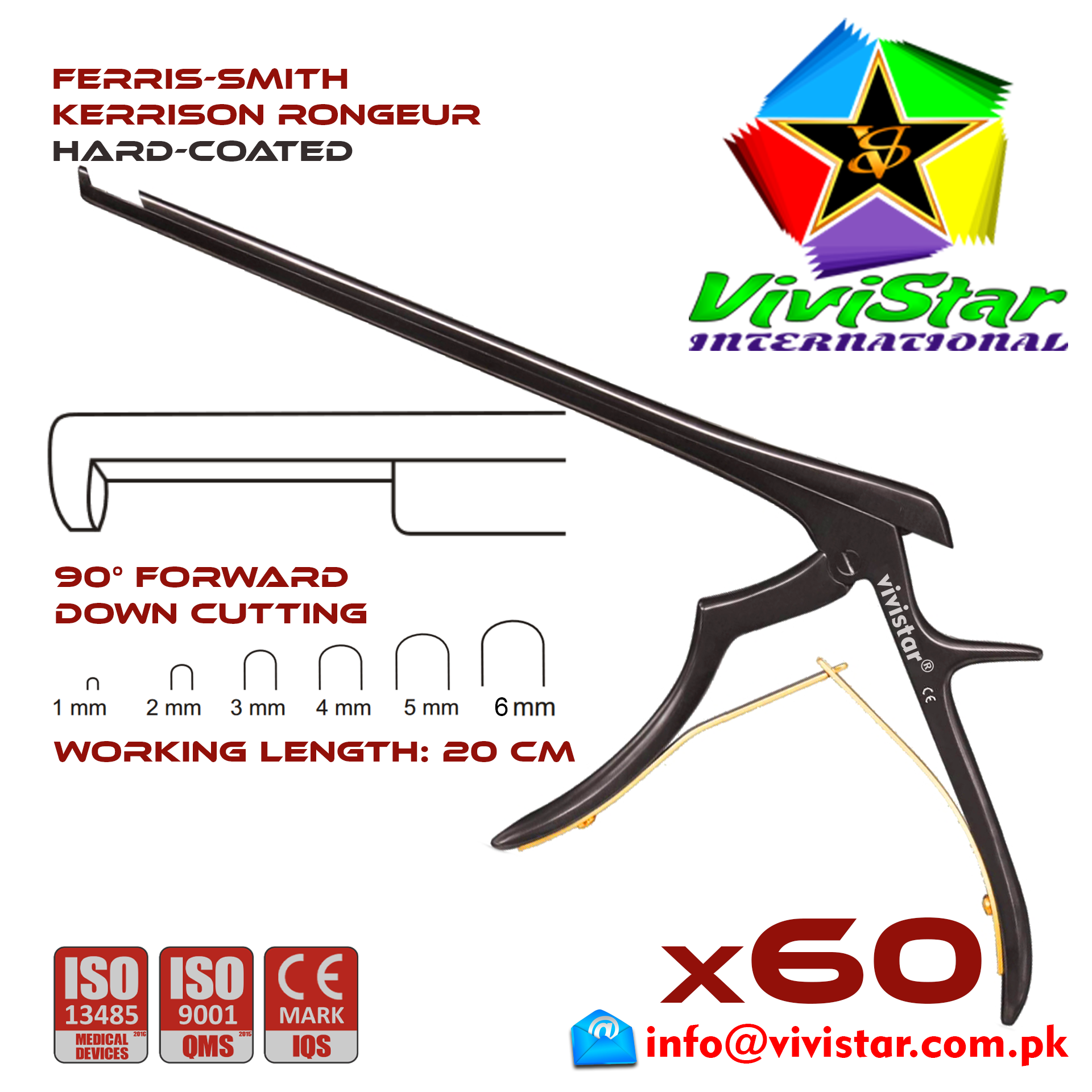 Ferris-Smith Kerrison Rongeur Hard Coated Down Punch 90 degree 1 - 6 mm 20 cm 8 inch working length neurosurgical intracranial Black Gold ENT handle Neurosurgery Spine Orthopedic Pack of 60