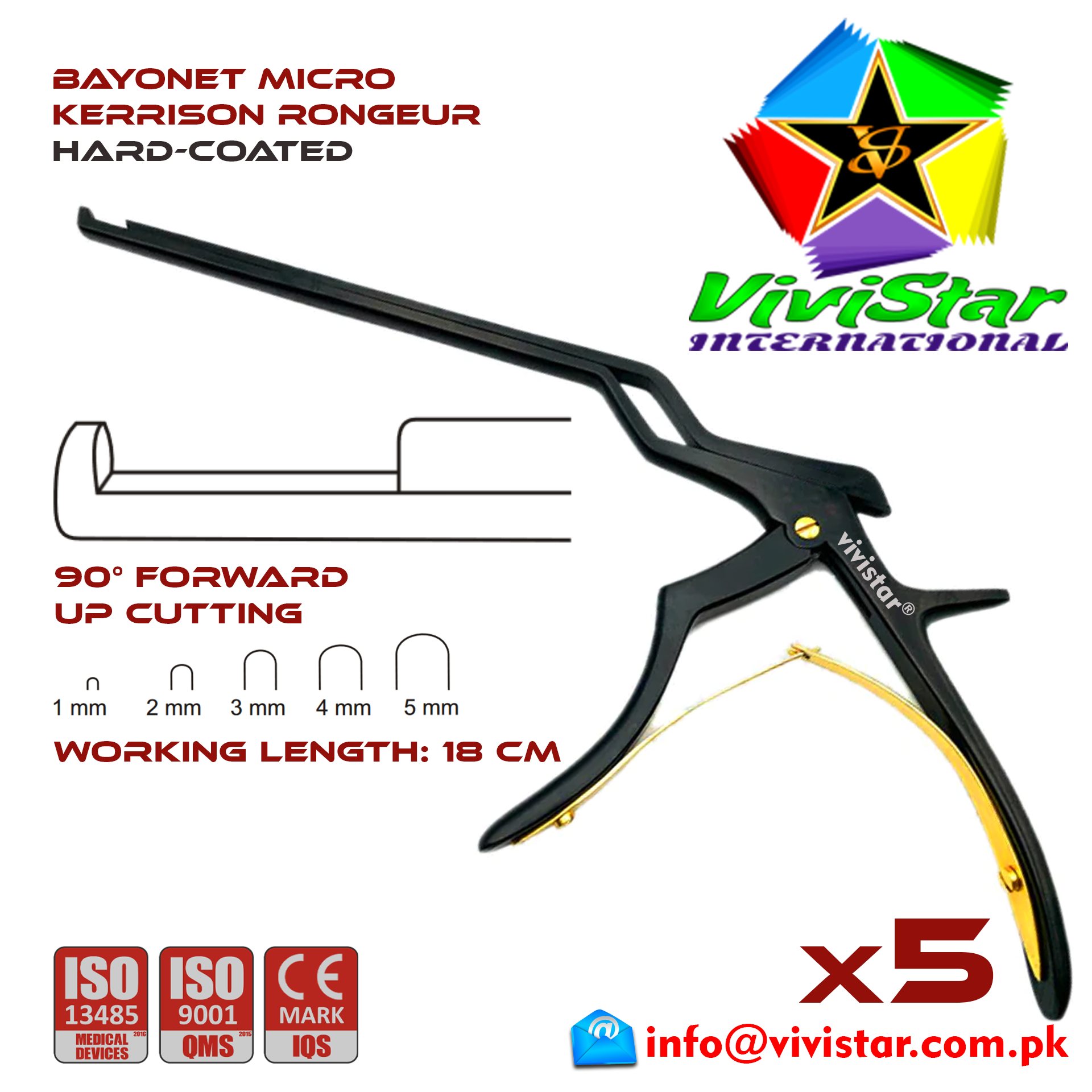 Kerrison Bayonet Rongeur Black 45 grip Handle Up Punch 90 degree 1 mm - 5 mm 18 cm 7 inch WL neurosurgical intracranial surgeons ENT Neurosurgery Spine Orthopedic Pack of 5