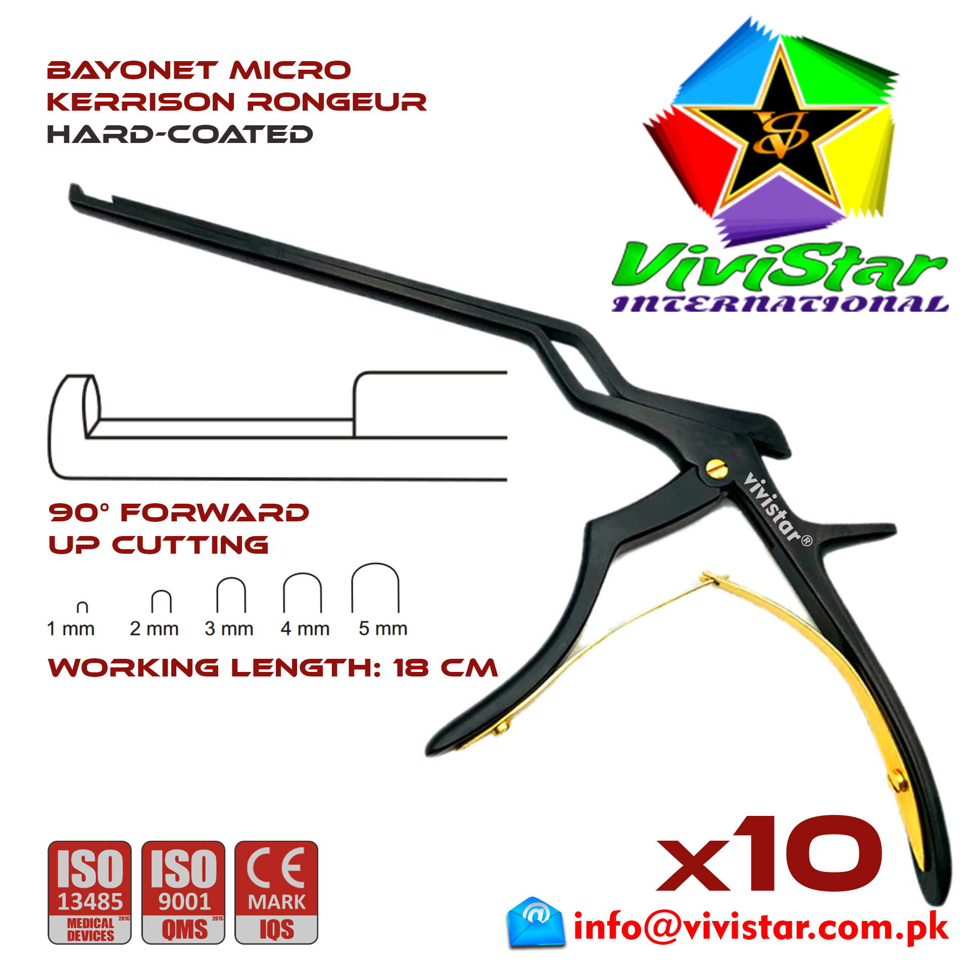 Kerrison Bayonet Rongeur Black 45 grip Handle Up Punch 90 degree 1 mm - 5 mm 18 cm 7 inch WL neurosurgical intracranial surgeons ENT Neurosurgery Spine Orthopedic Pack of 10