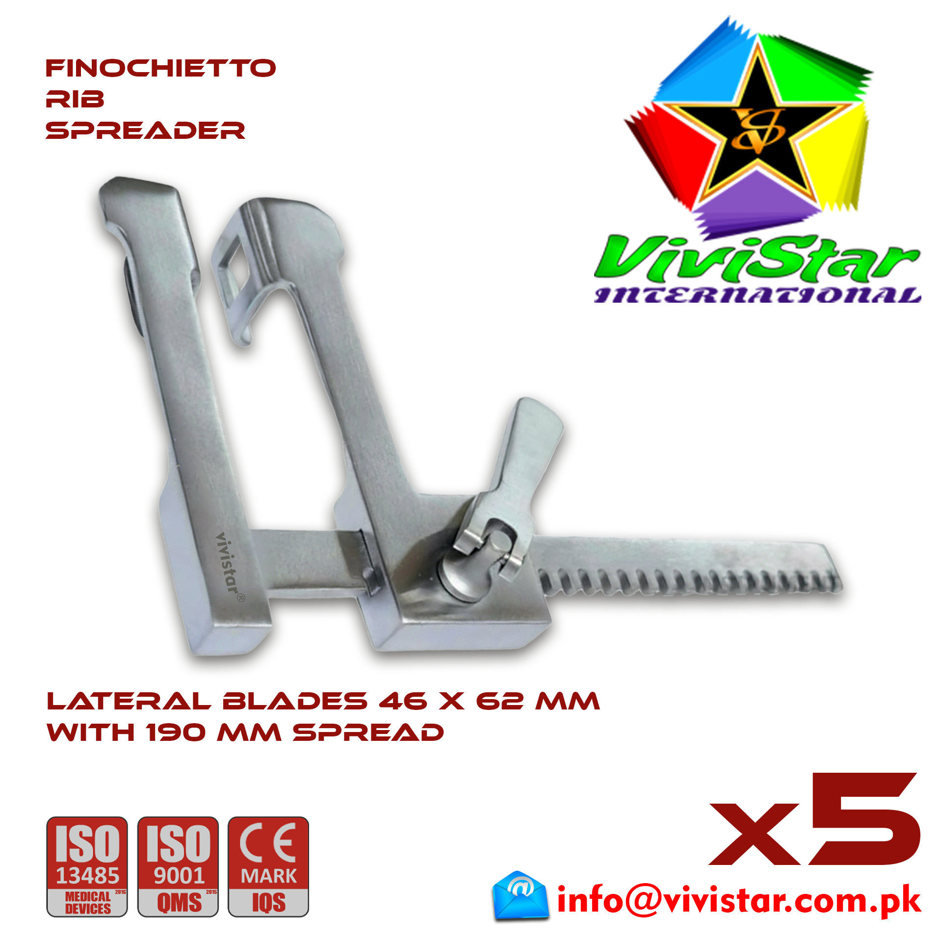 Finochietto Rib Spreader 46 x 62 mm 190 mm Spread Vascular Surgery Thoracotomy Cardiac USA Germany German Stainless Steel Cardiovascular Trauma Surgeries Pack of 5