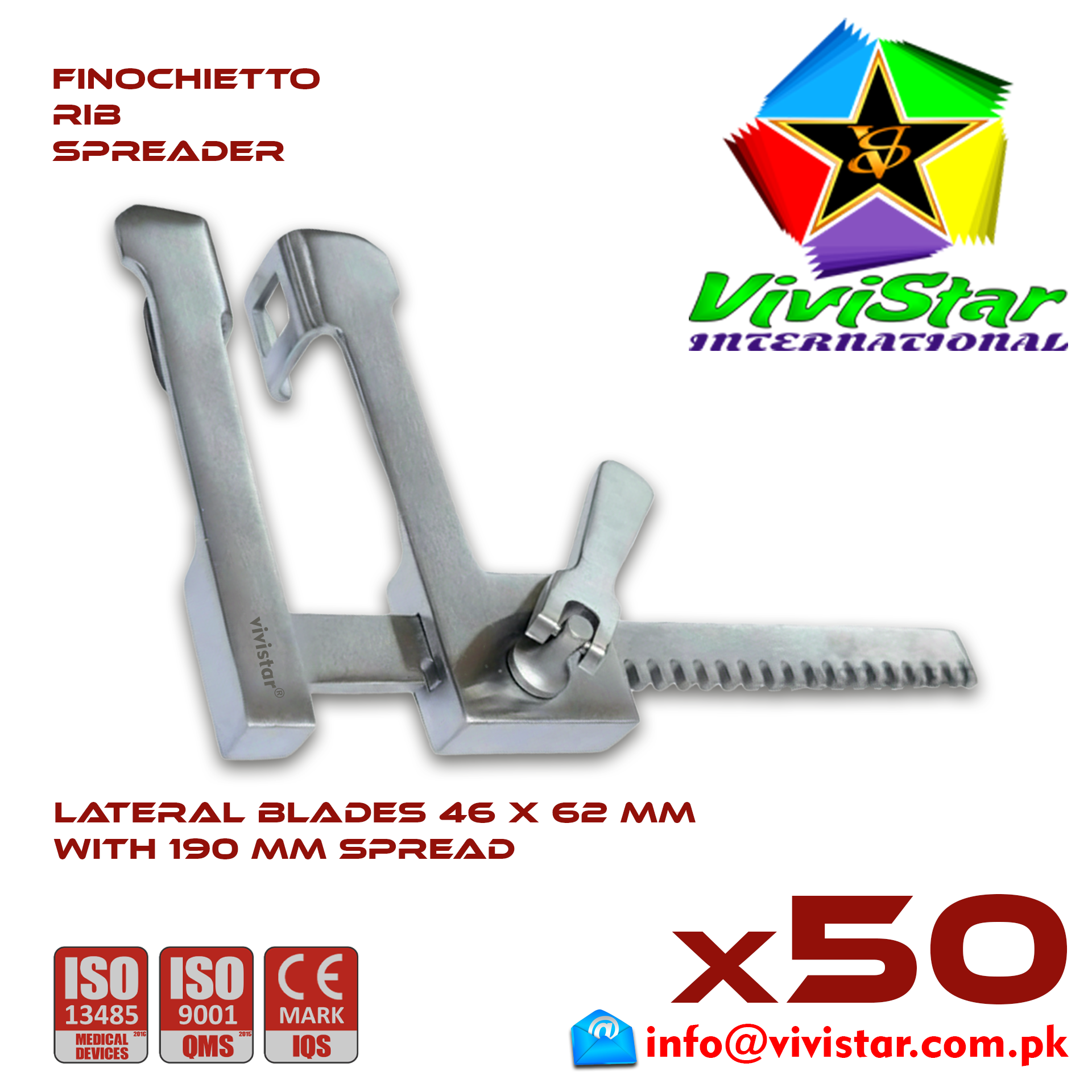Finochietto Rib Spreader 46 x 62 mm 190 mm Spread Vascular Surgery Thoracotomy Cardiac USA Germany German Stainless Steel Cardiovascular Trauma Surgeries Pack of 50