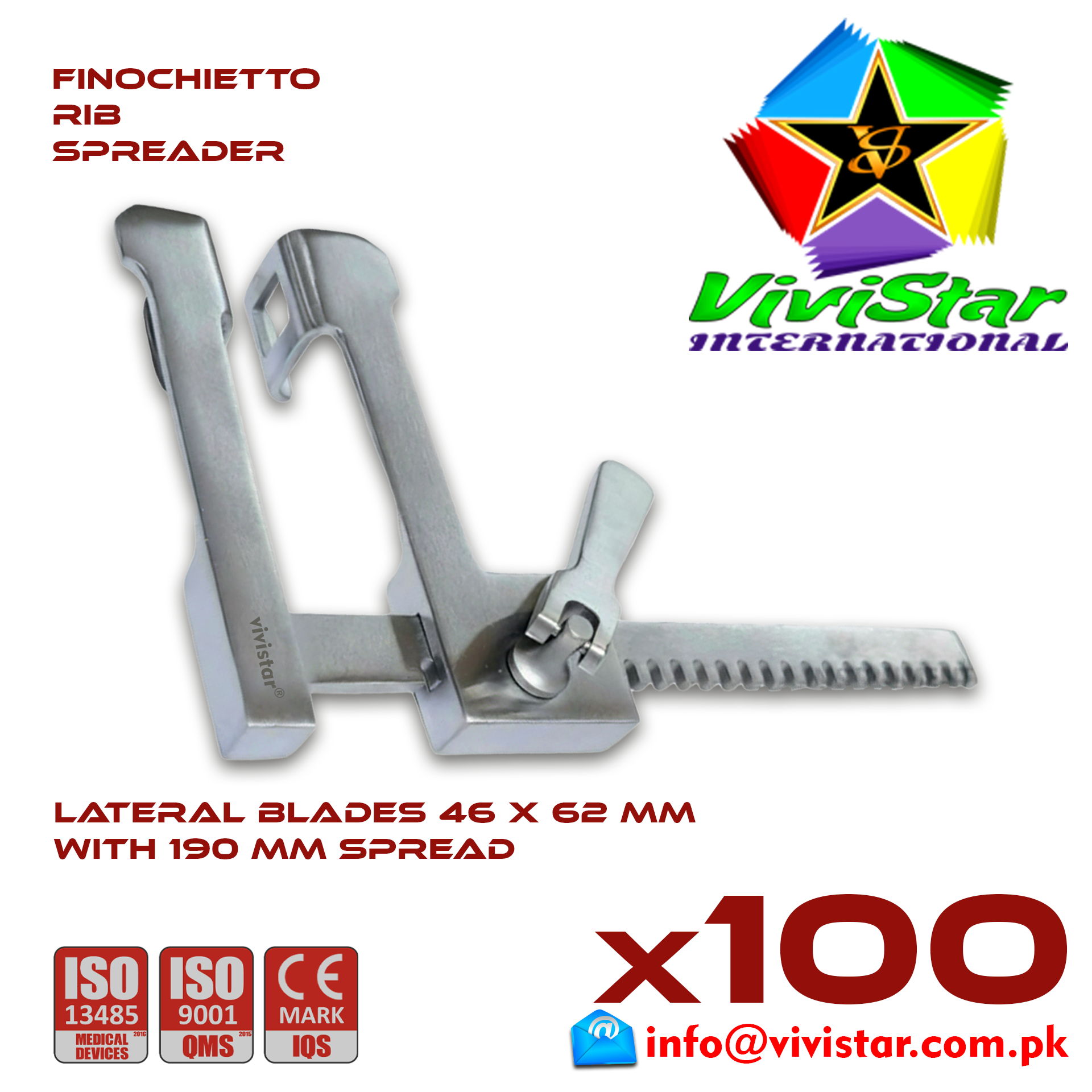 Finochietto Rib Spreader 46 x 62 mm 190 mm Spread Vascular Surgery Thoracotomy Cardiac USA Germany German Stainless Steel Cardiovascular Trauma Surgeries Pack of 100