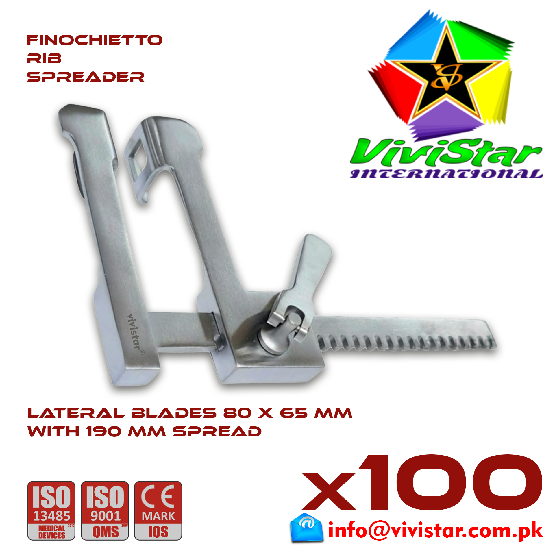 Finochietto Rib Spreader 80 x 65 mm 190 mm Spread Vascular Surgery Thoracotomy Cardiac USA Germany German Stainless Steel Cardiovascular Trauma Surgeries Pack of 100