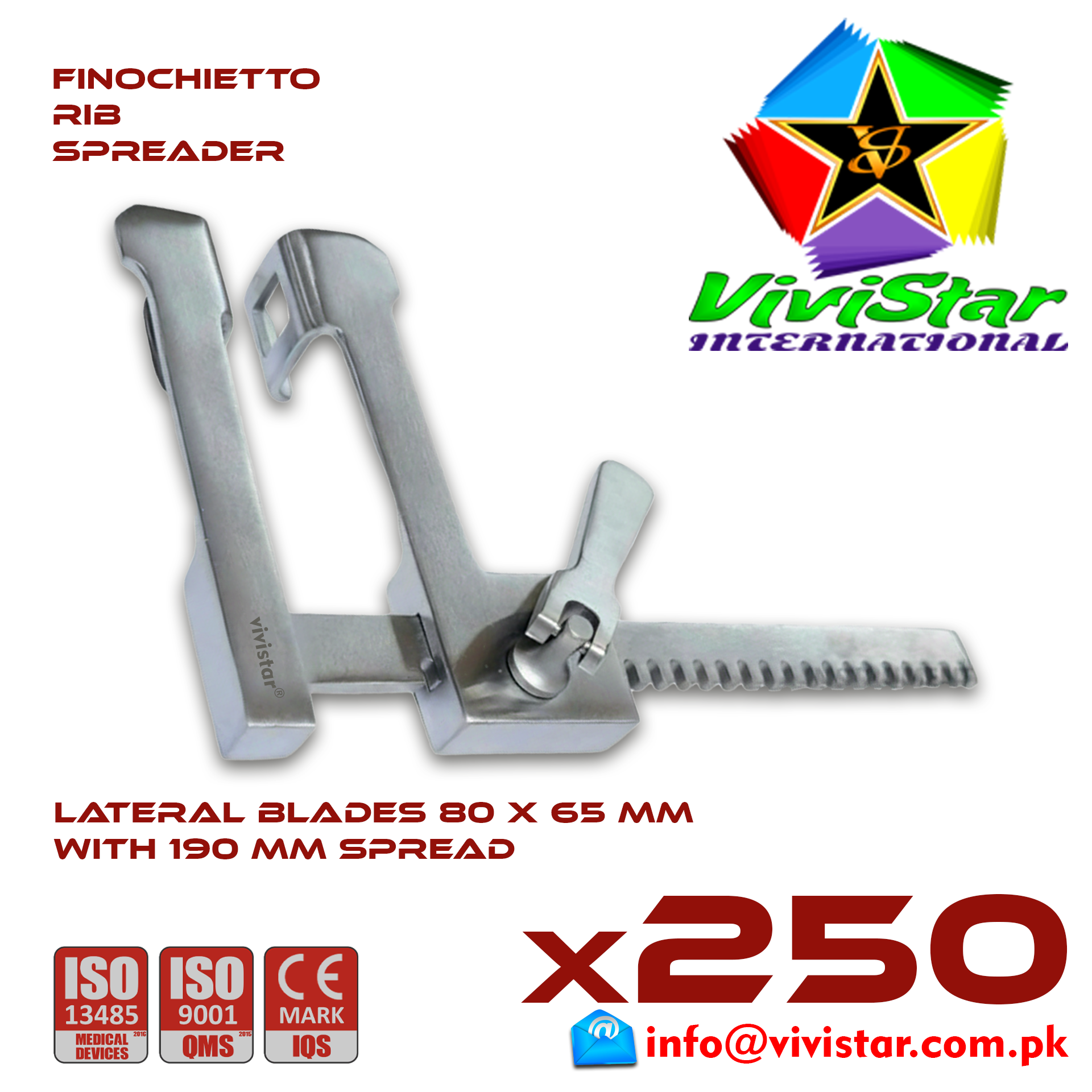 Finochietto Rib Spreader 80 x 65 mm 190 mm Spread Vascular Surgery Thoracotomy Cardiac USA Germany German Stainless Steel Cardiovascular Trauma Surgeries Pack of 250