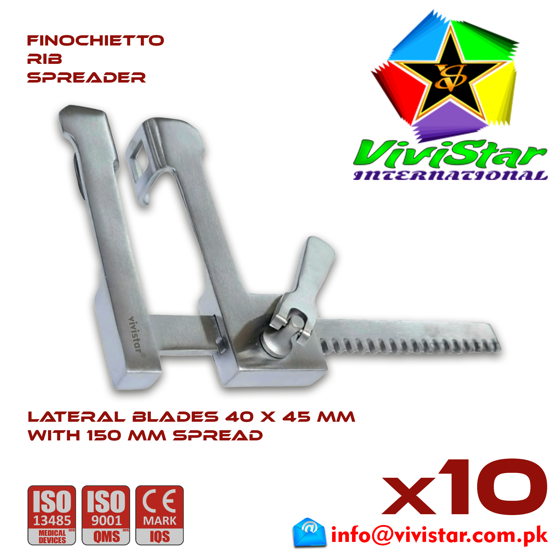 Finochietto Rib Spreader 40 x 45 mm 150 mm Spread Vascular Surgery Thoracotomy Cardiac USA Germany German Stainless Steel Cardiovascular Trauma Surgeries Pack of 10