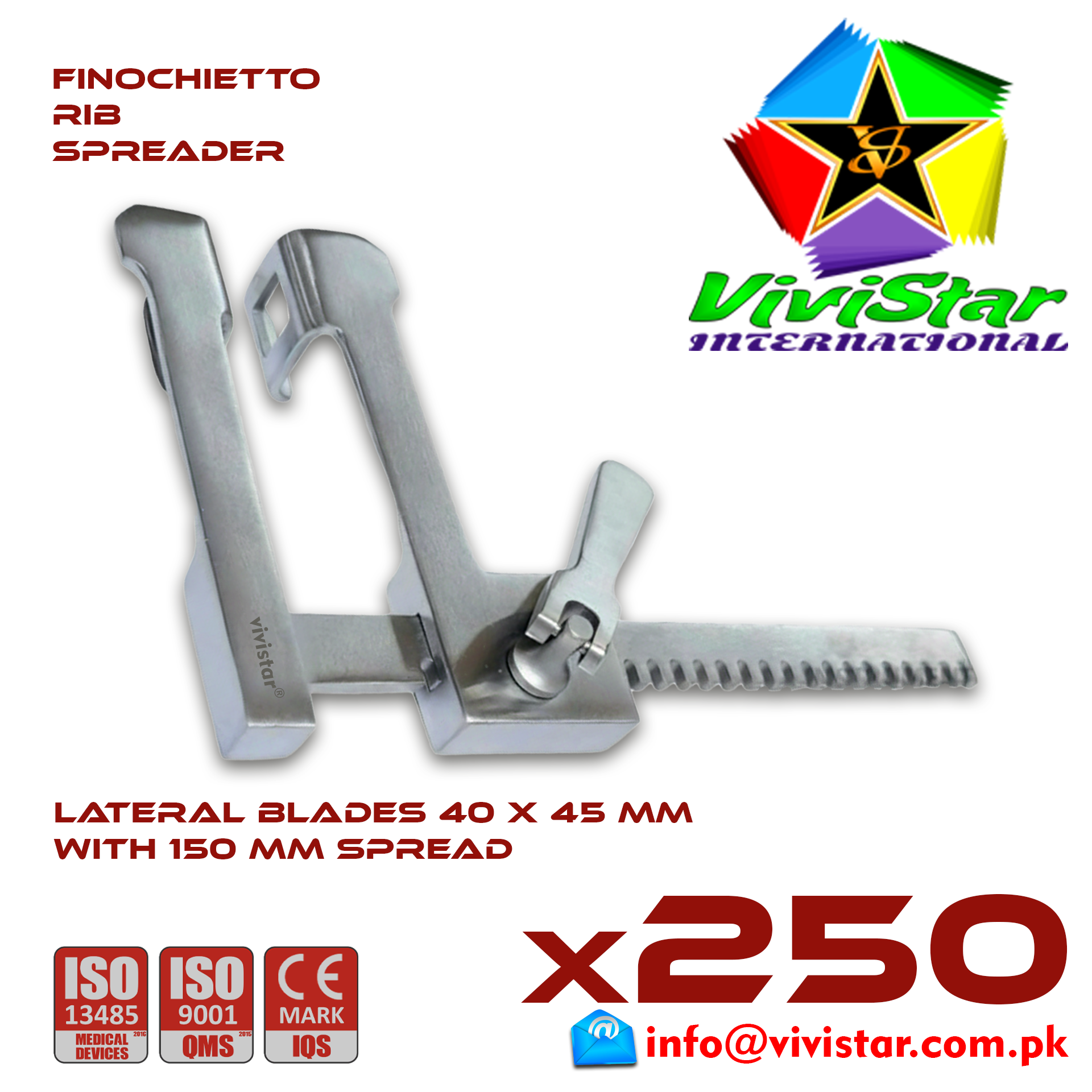 Finochietto Rib Spreader 40 x 45 mm 150 mm Spread Vascular Surgery Thoracotomy Cardiac USA Germany German Stainless Steel Cardiovascular Trauma Surgeries Pack of 250