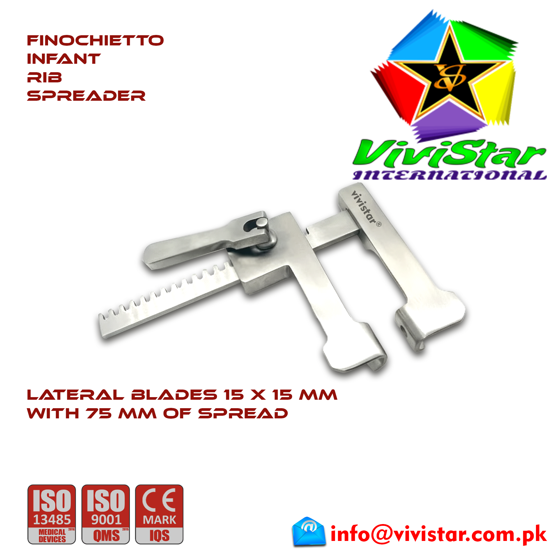 Finochietto Infant Rib Spreader 15 x 15 mm 75 mm Spread Vascular Surgery Thoracotomy Cardiac USA Germany German Stainless Steel Cardiovascular Trauma Surgeries