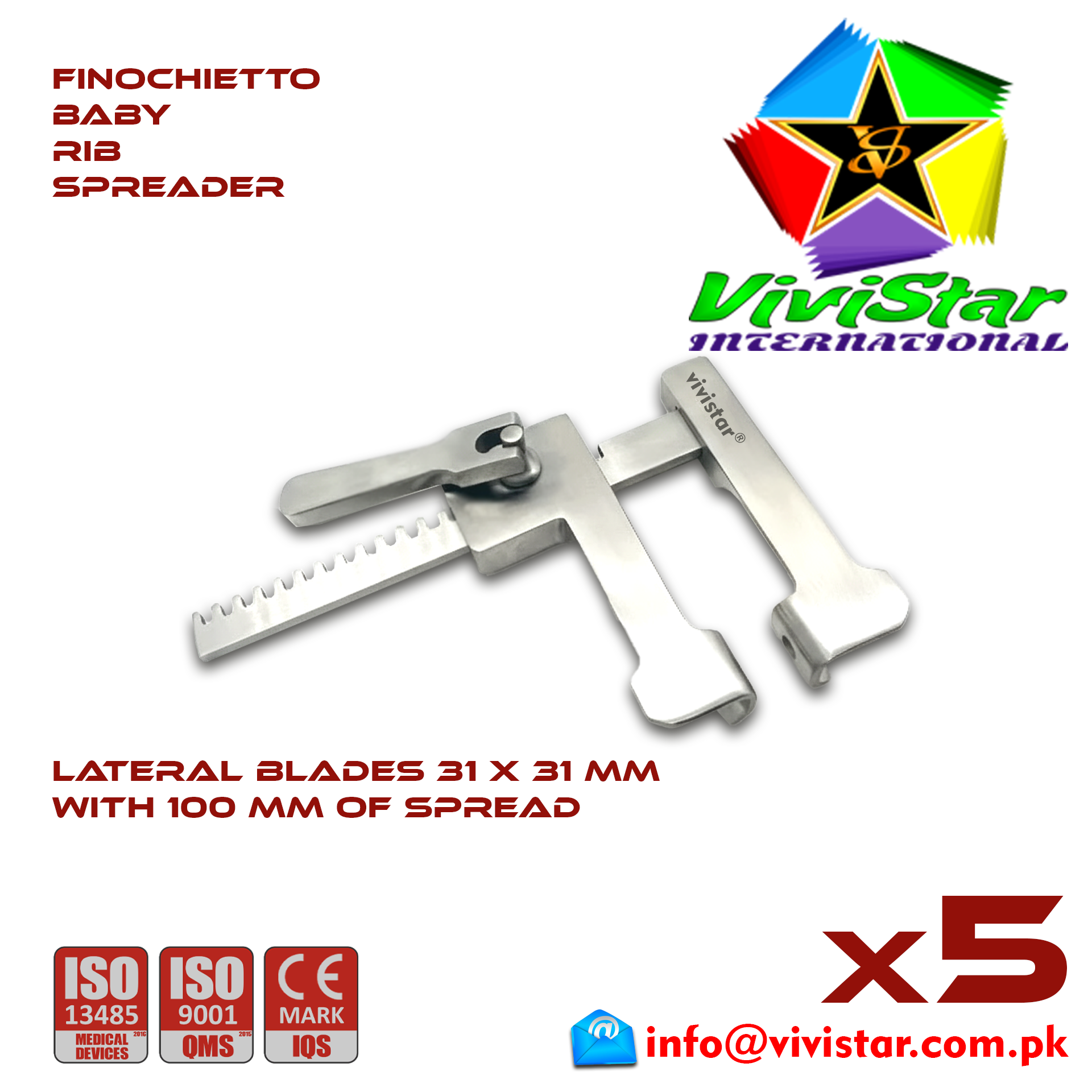 Finochietto Baby Rib Spreader 31 x 31 mm 100 mm Spread Vascular Surgery Thoracotomy Cardiac USA Germany German Stainless Steel Cardiovascular Trauma Surgeries Pack of 5