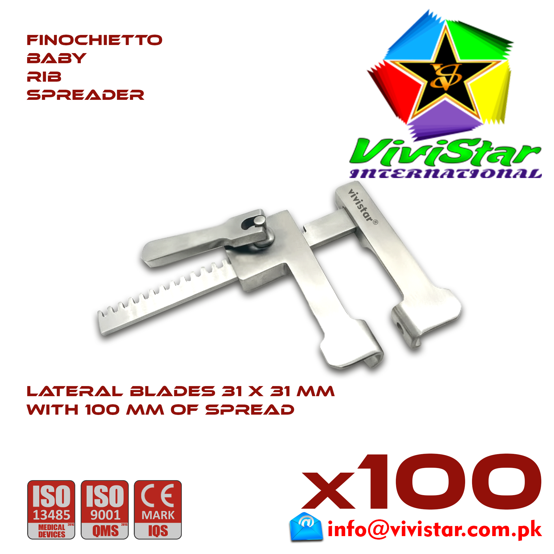 Finochietto Baby Rib Spreader 31 x 31 mm 100 mm Spread Vascular Surgery Thoracotomy Cardiac USA Germany German Stainless Steel Cardiovascular Trauma Surgeries Pack of 100