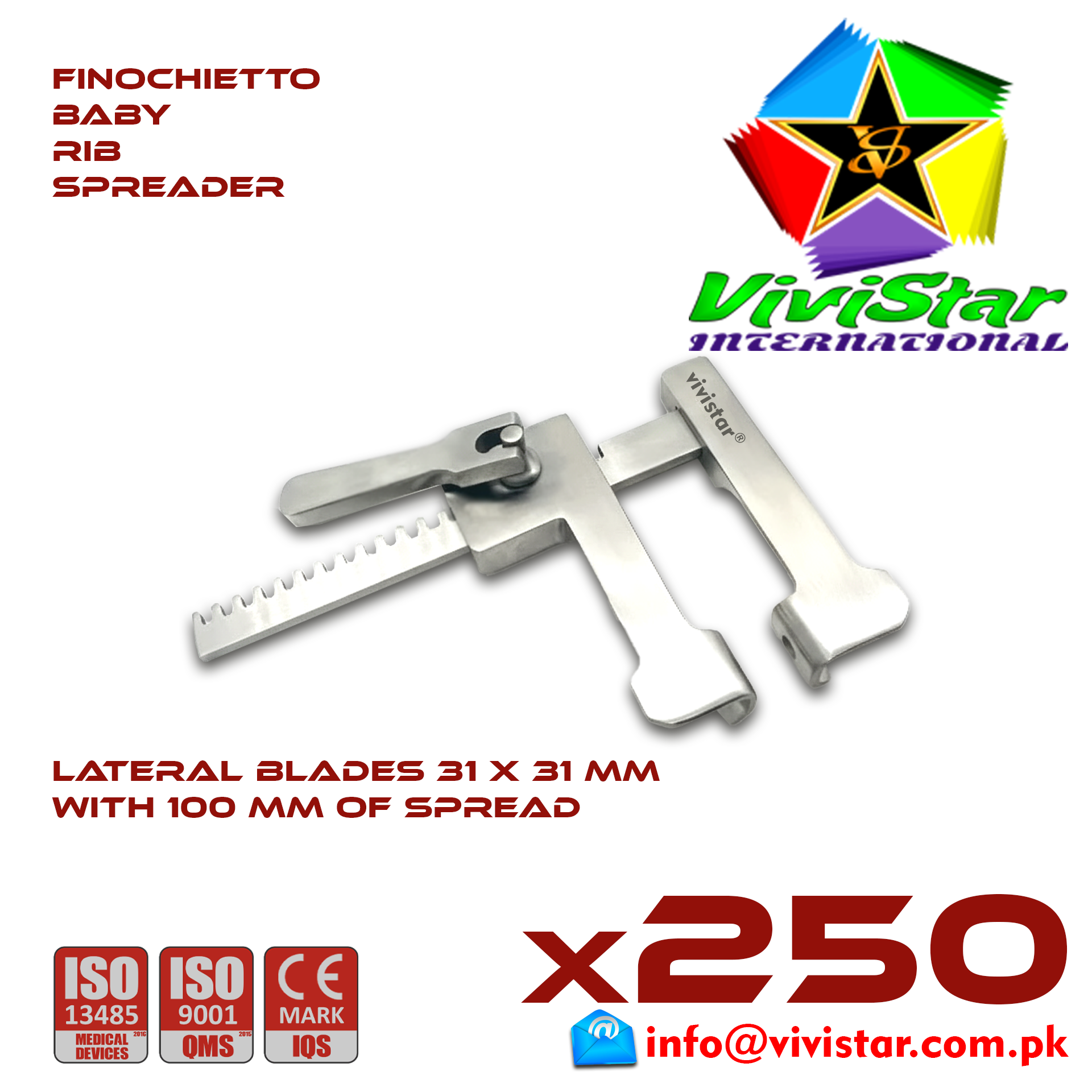 Finochietto Baby Rib Spreader 31 x 31 mm 100 mm Spread Vascular Surgery Thoracotomy Cardiac USA Germany German Stainless Steel Cardiovascular Trauma Surgeries Pack of 250