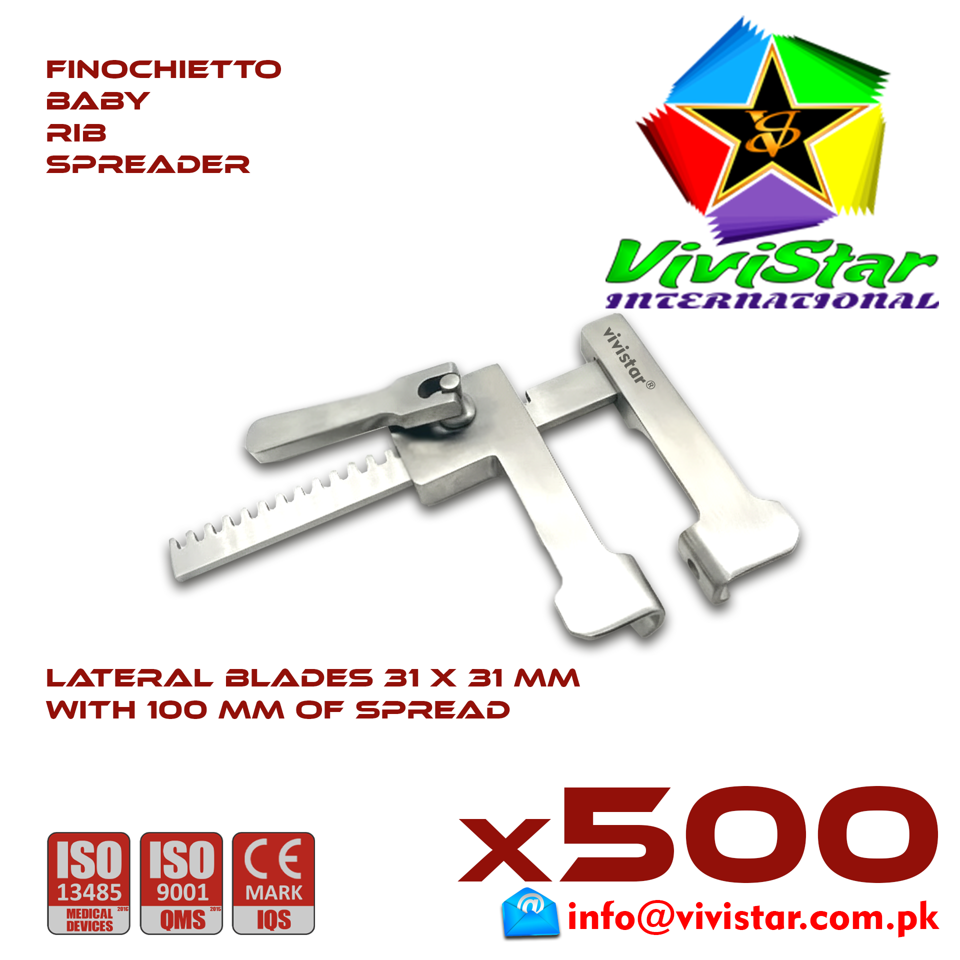 Finochietto Baby Rib Spreader 31 x 31 mm 100 mm Spread Vascular Surgery Thoracotomy Cardiac USA Germany German Stainless Steel Cardiovascular Trauma Surgeries Pack of 500