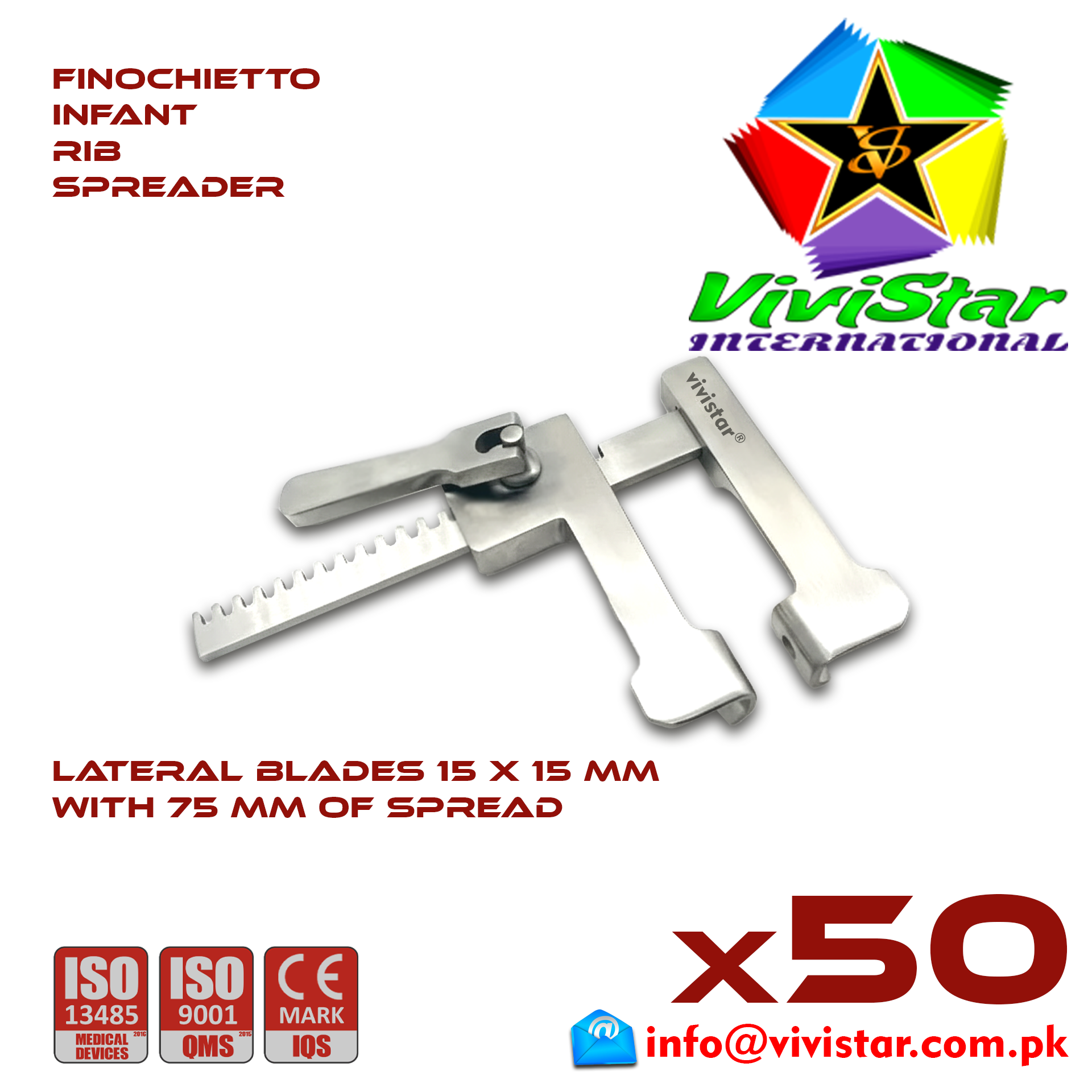 Finochietto Infant Rib Spreader Baby 15 x 15 mm 75 mm Spread Vascular Surgery Thoracotomy Cardiac USA Germany German Stainless Steel Cardiovascular Trauma Surgeries Pack of 50