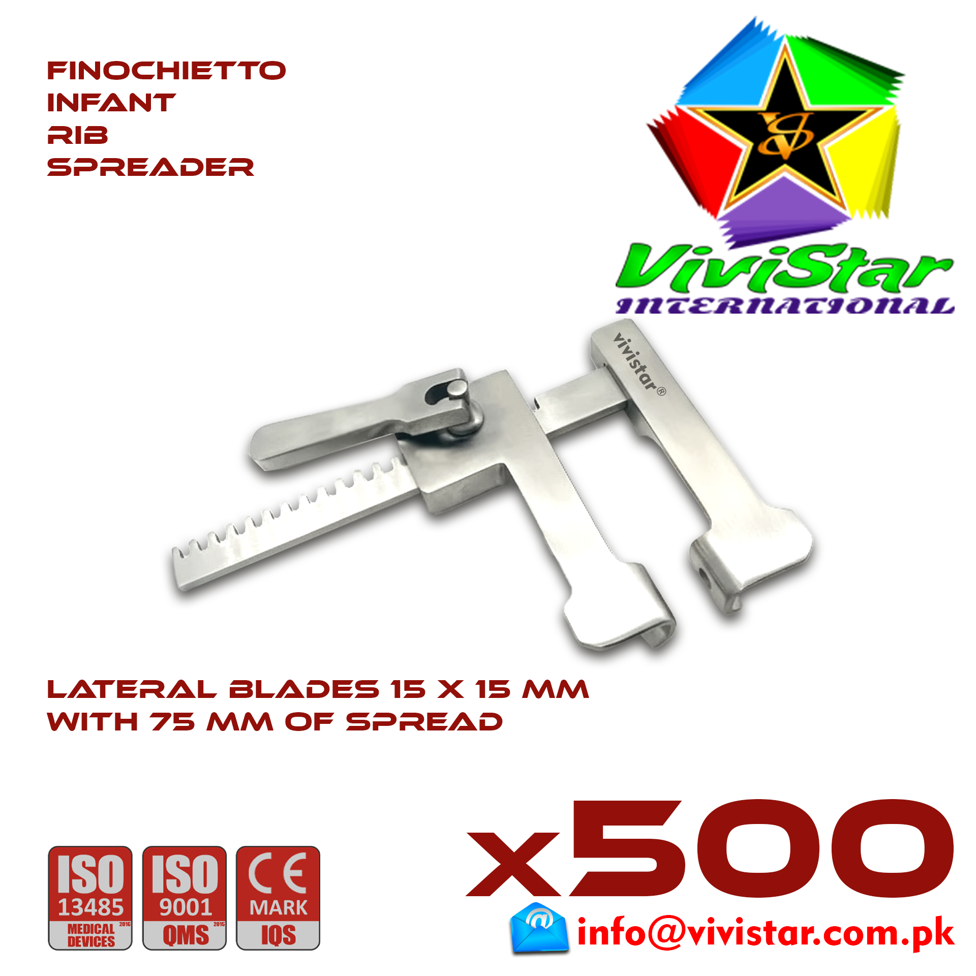 Finochietto Infant Rib Spreader Baby 15 x 15 mm 75 mm Spread Vascular Surgery Thoracotomy Cardiac USA Germany German Stainless Steel Cardiovascular Trauma Surgeries Pack of 500