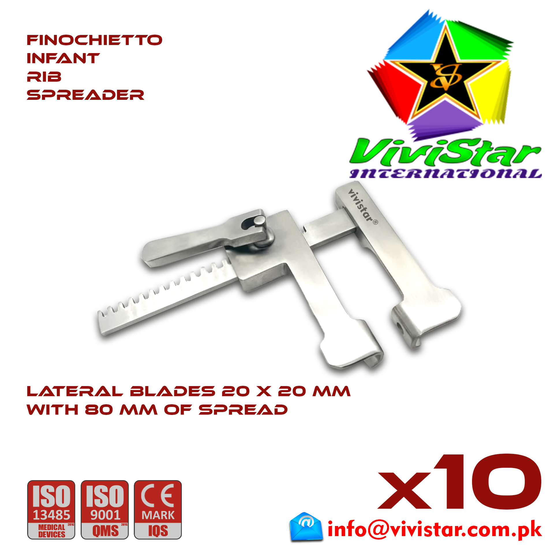 Finochietto Infant Rib Spreader Baby 20 x 20 mm 80 mm Spread Vascular Surgery Thoracotomy Cardiac USA Germany German Stainless Steel Cardiovascular Trauma Surgeries Pack of 10