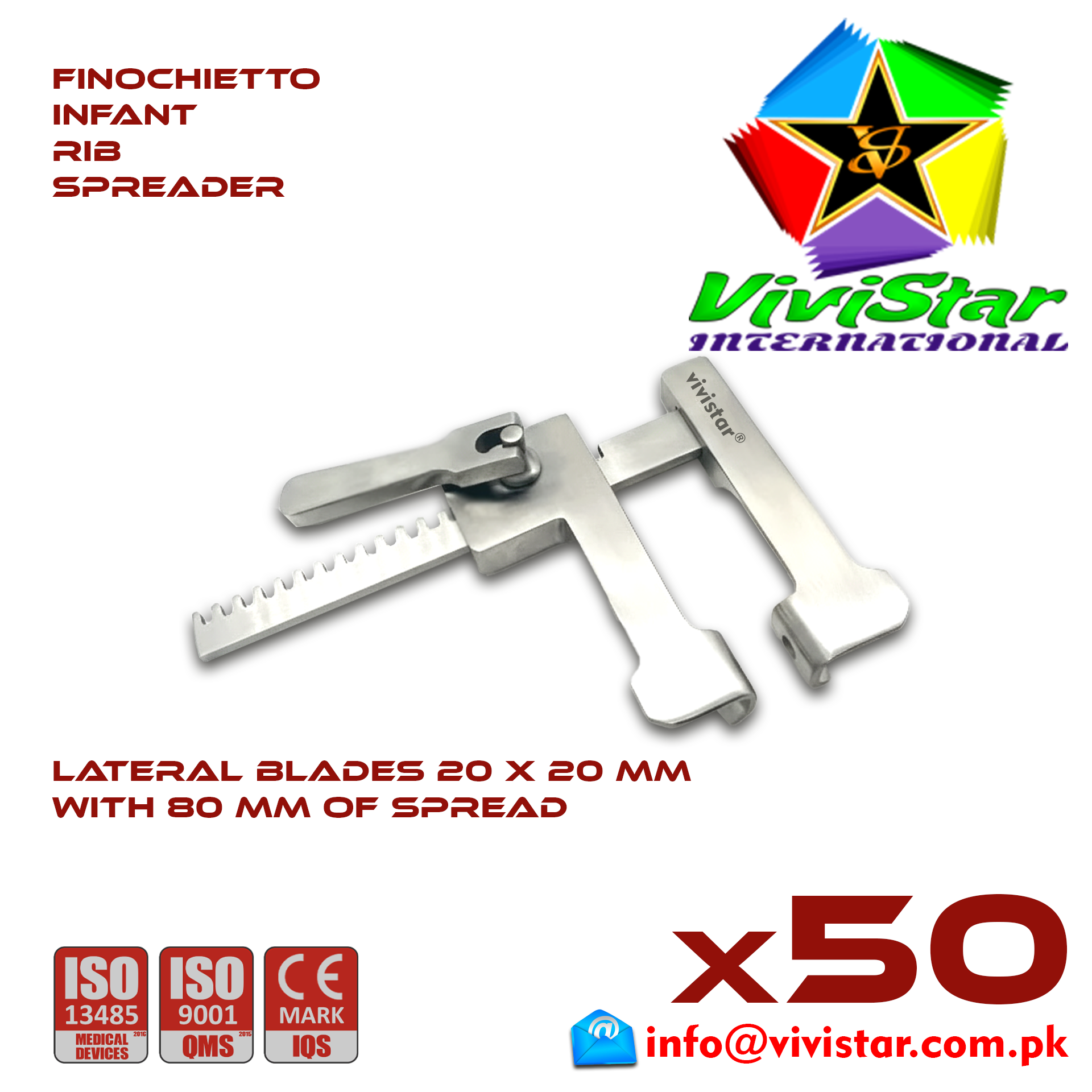 Finochietto Infant Rib Spreader Baby 20 x 20 mm 80 mm Spread Vascular Surgery Thoracotomy Cardiac USA Germany German Stainless Steel Cardiovascular Trauma Surgeries Pack of 50