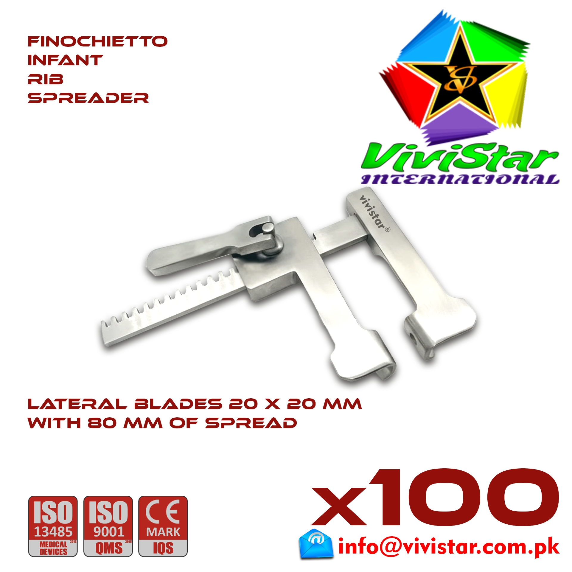 Finochietto Infant Rib Spreader Baby 20 x 20 mm 80 mm Spread Vascular Surgery Thoracotomy Cardiac USA Germany German Stainless Steel Cardiovascular Trauma Surgeries Pack of 100