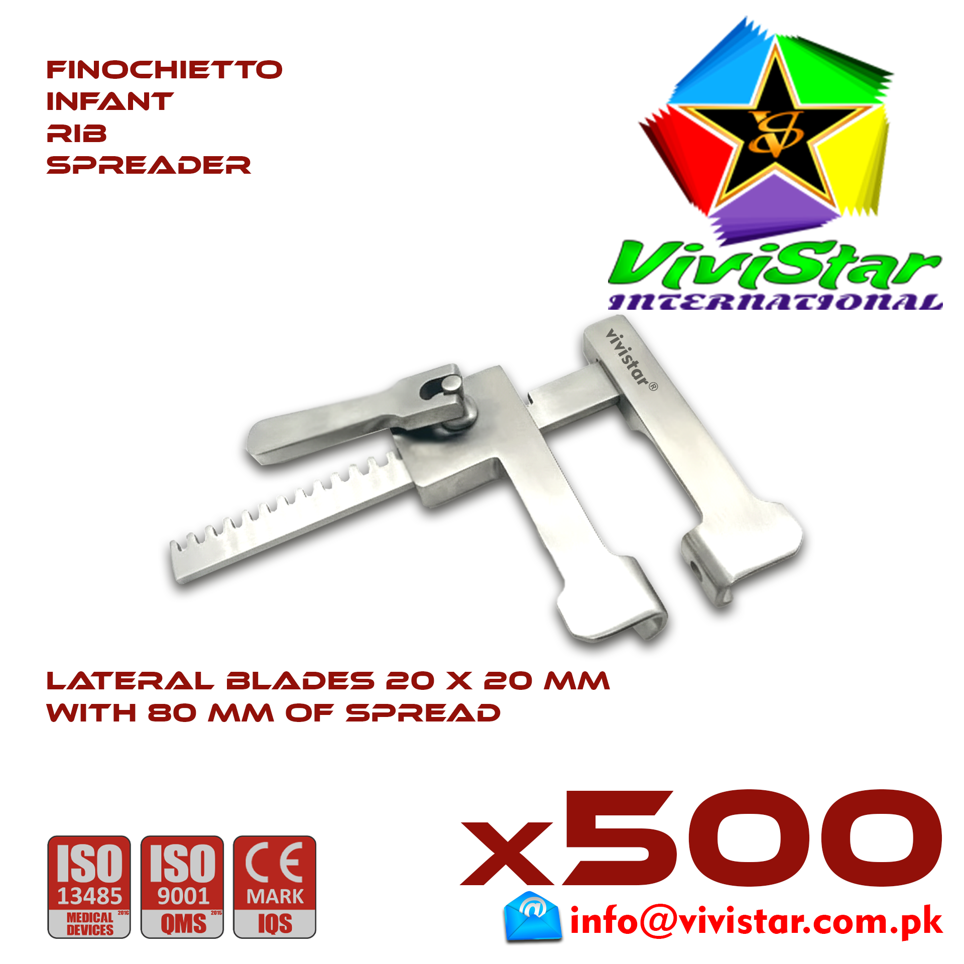 Finochietto Infant Rib Spreader Baby 20 x 20 mm 80 mm Spread Vascular Surgery Thoracotomy Cardiac USA Germany German Stainless Steel Cardiovascular Trauma Surgeries Pack of 500