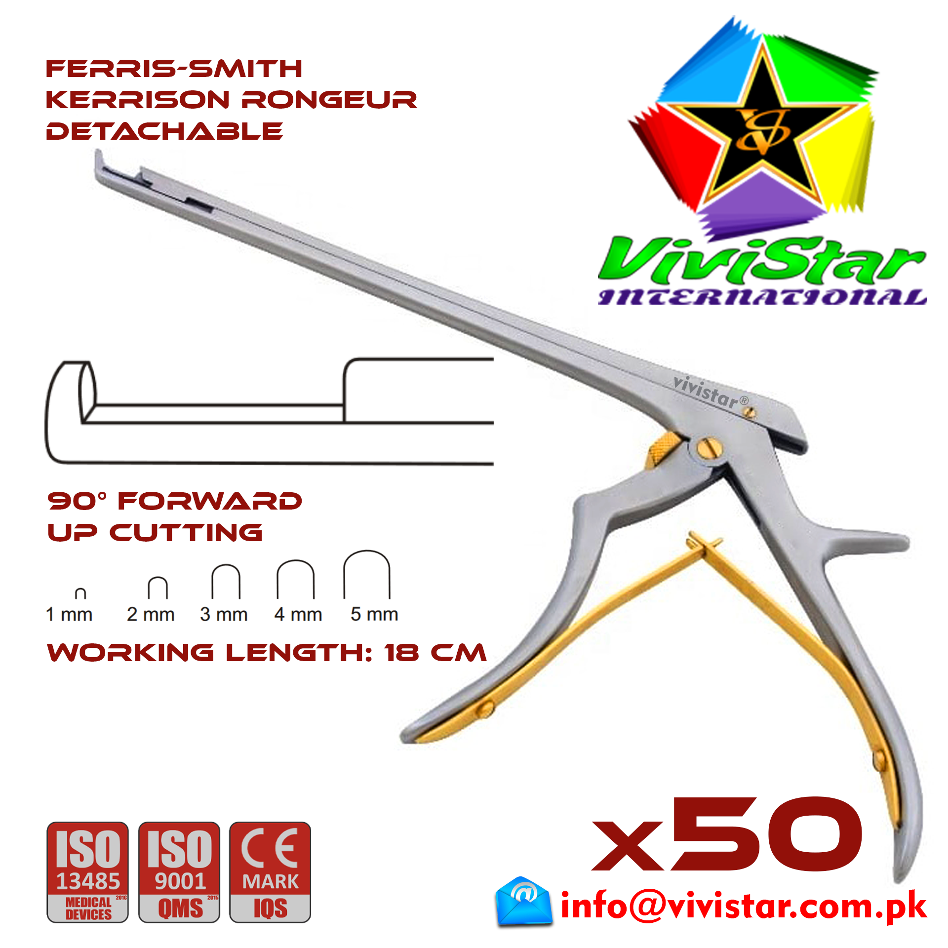 Ferris-Smith Kerrison Rongeur Detachable up Punch 90 degree 1 - 5 mm 18 cm 7 inch working length neurosurgical intracranial bone cuts ENT handle Neurosurgery Spine Orthopedic Pack of 50