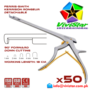 Ferris-Smith Kerrison Rongeur Detachable DOWN Punch 90 degree 1 - 5 mm 18 cm 7 inch working length neurosurgical intracranial bone cuts ENT handle Neurosurgery Spine Orthopedic Pack of 50